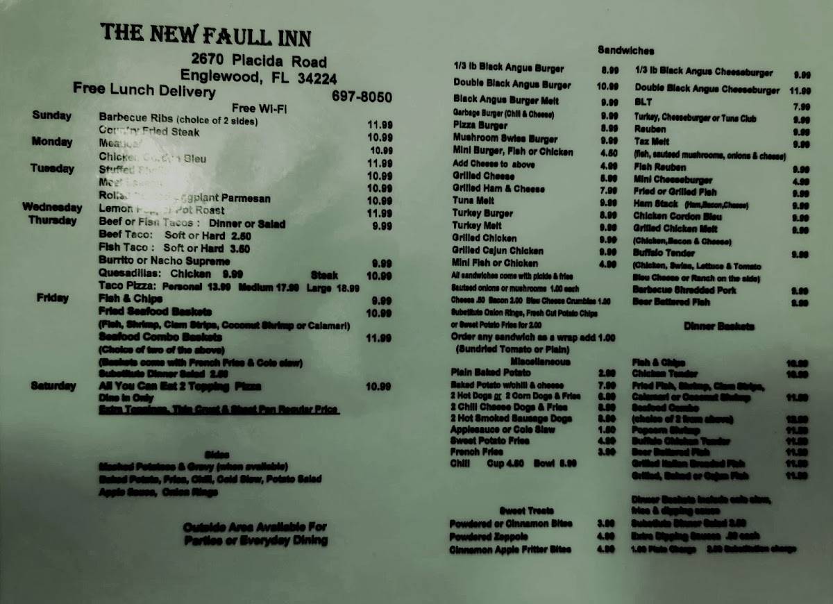 Menu at The New Faull Inn pizzeria, Englewood