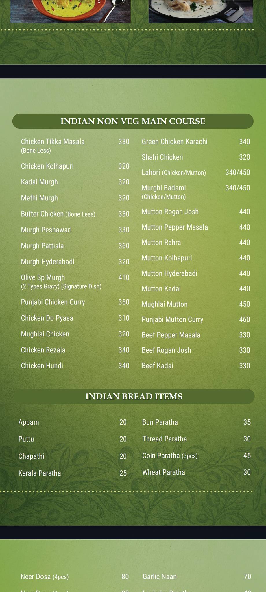 The Olive Restaurant menu