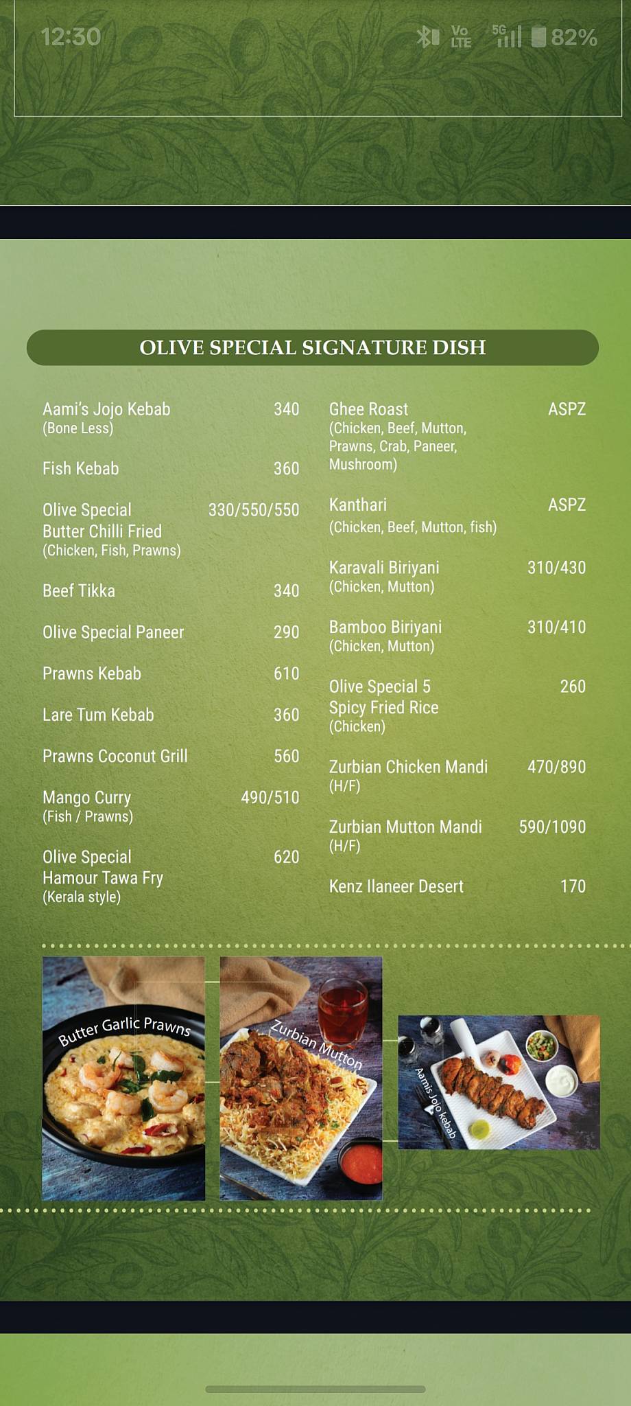 The Olive Restaurant menu