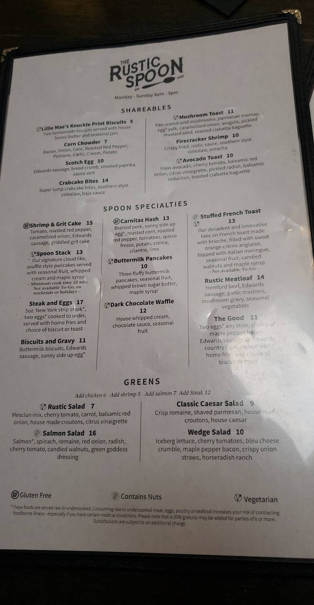 Menu at The Rustic Spoon restaurant, Virginia Beach, Pleasure House Rd
