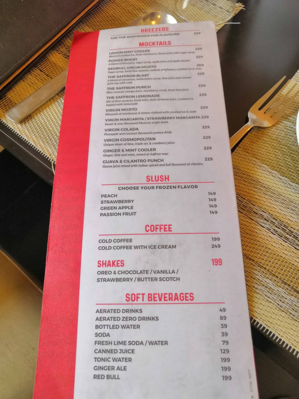 The Saffron Lounge menu
