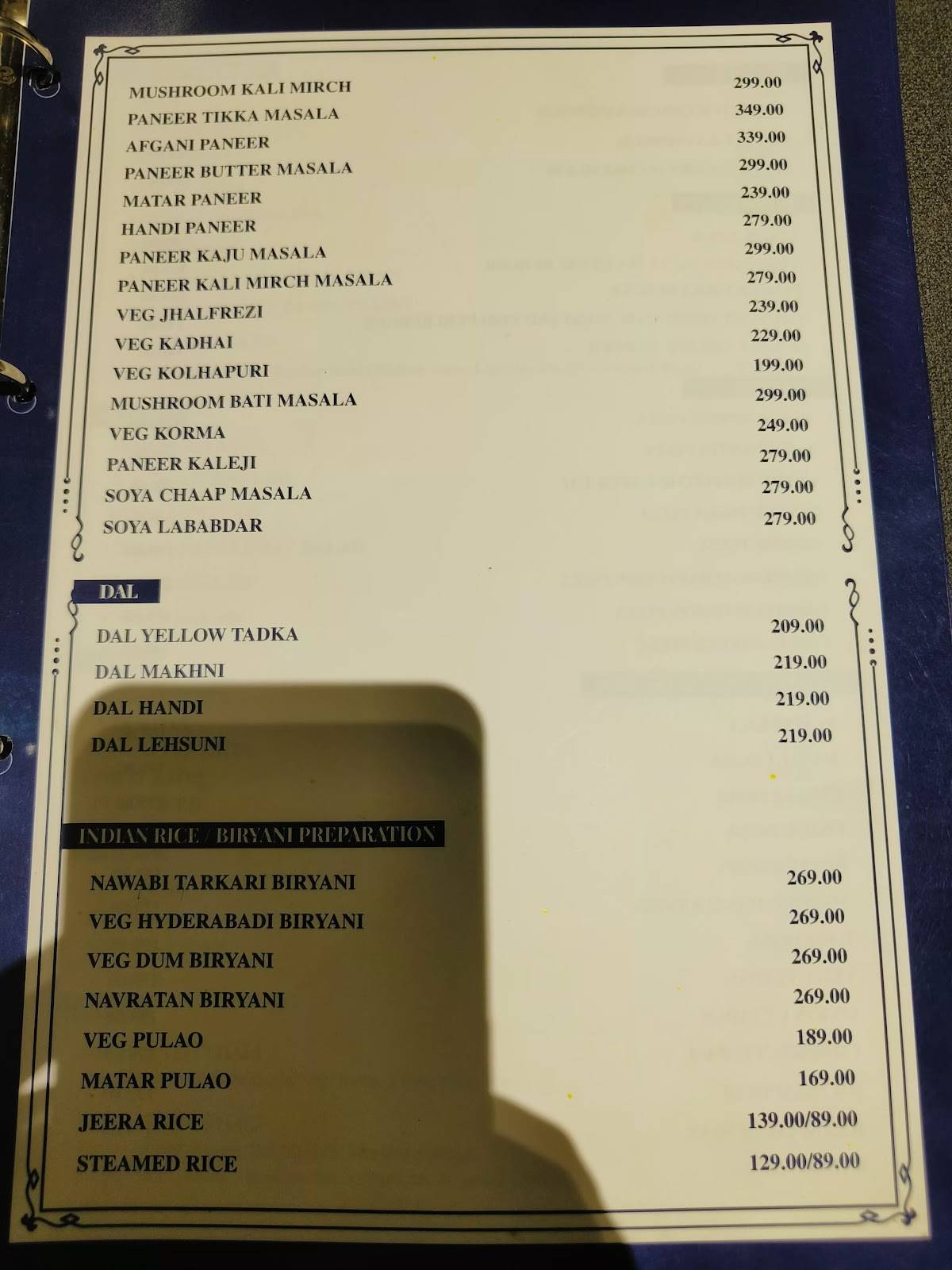 The Sapphire menu