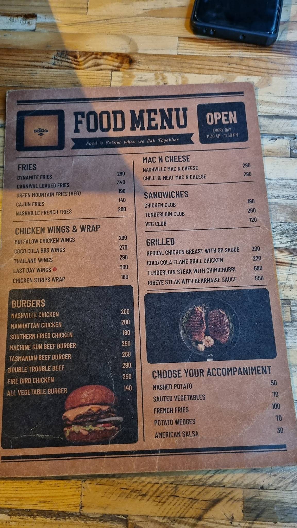 The Shack Bistro menu