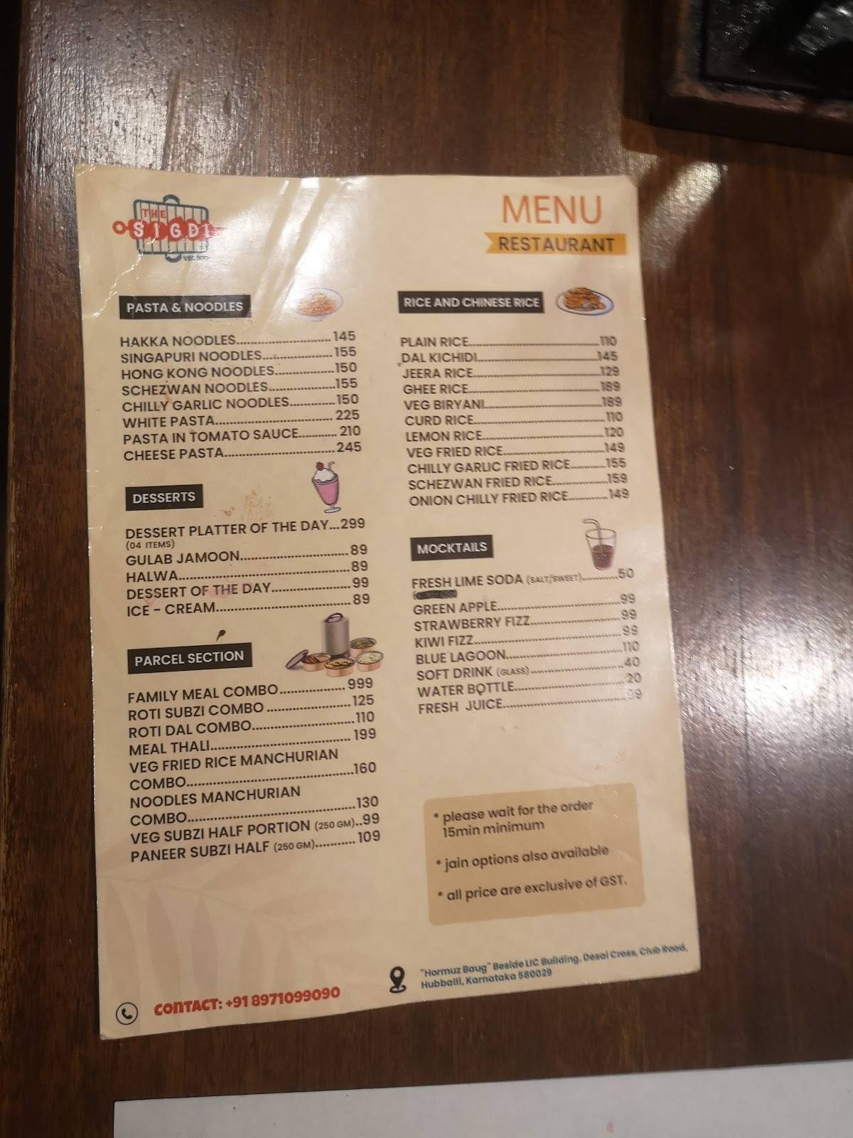 The Sigdi Veg BBQ menu