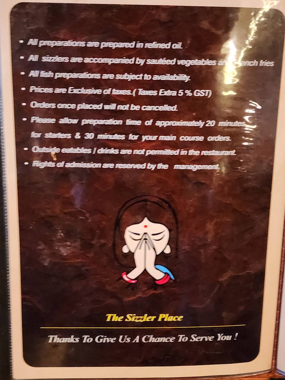The Sizzler Place menu