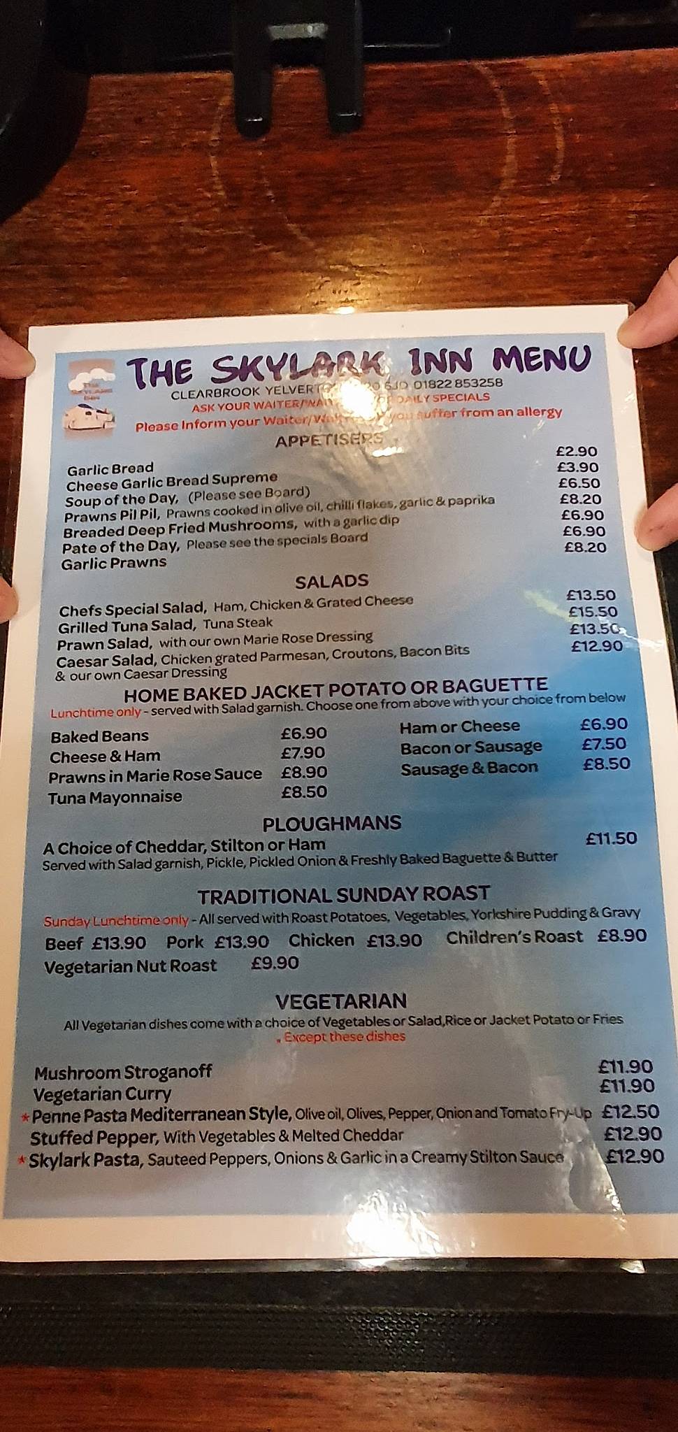 Menu at The Skylark Inn pub & bar, Yelverton