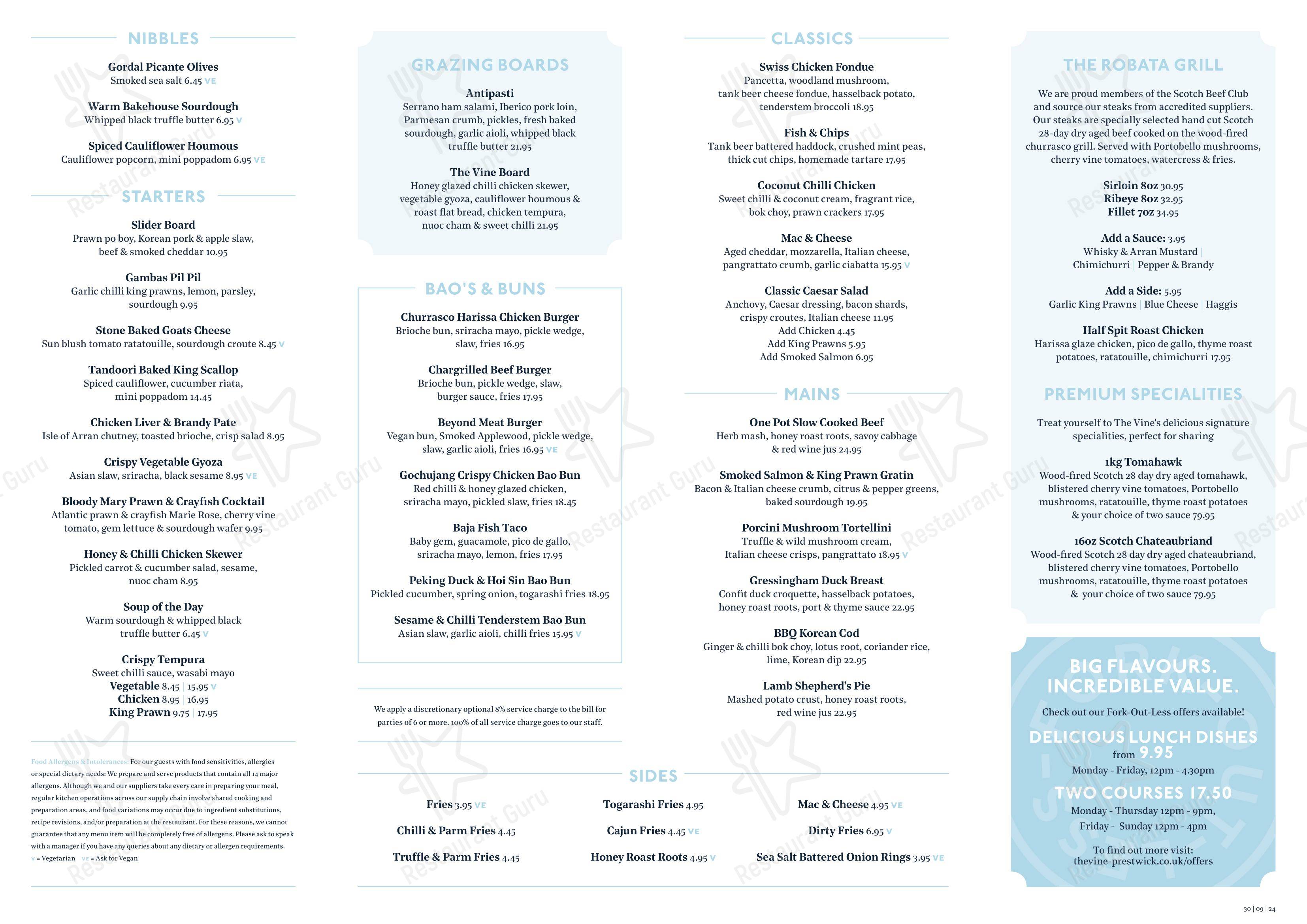 Menu at The Vine restaurant, Prestwick