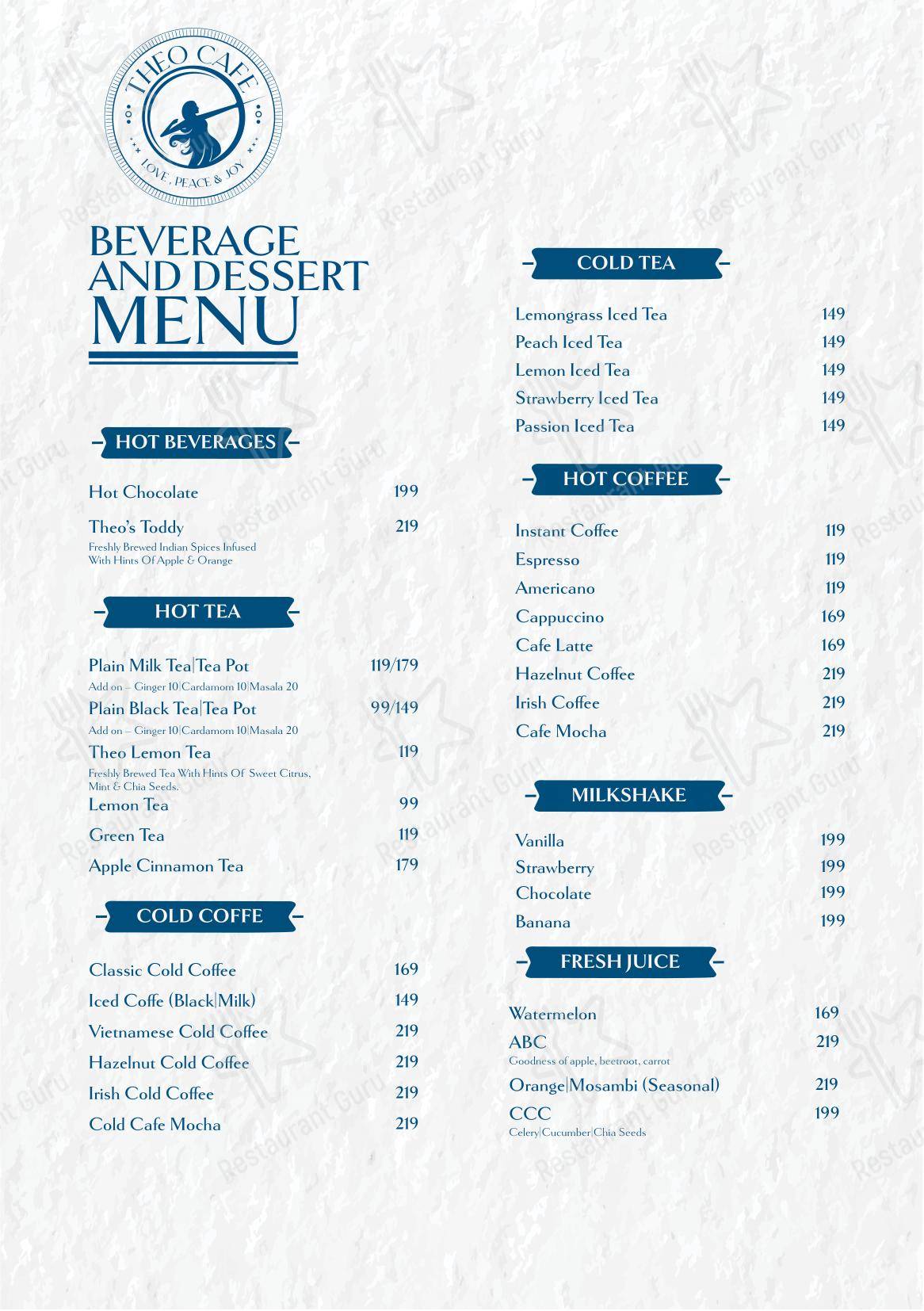 菜单 for the Theo Cafe cafe