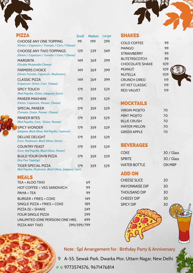 Tiger Pizza menu