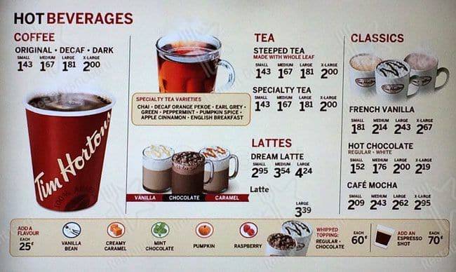 Tim Hortons menu