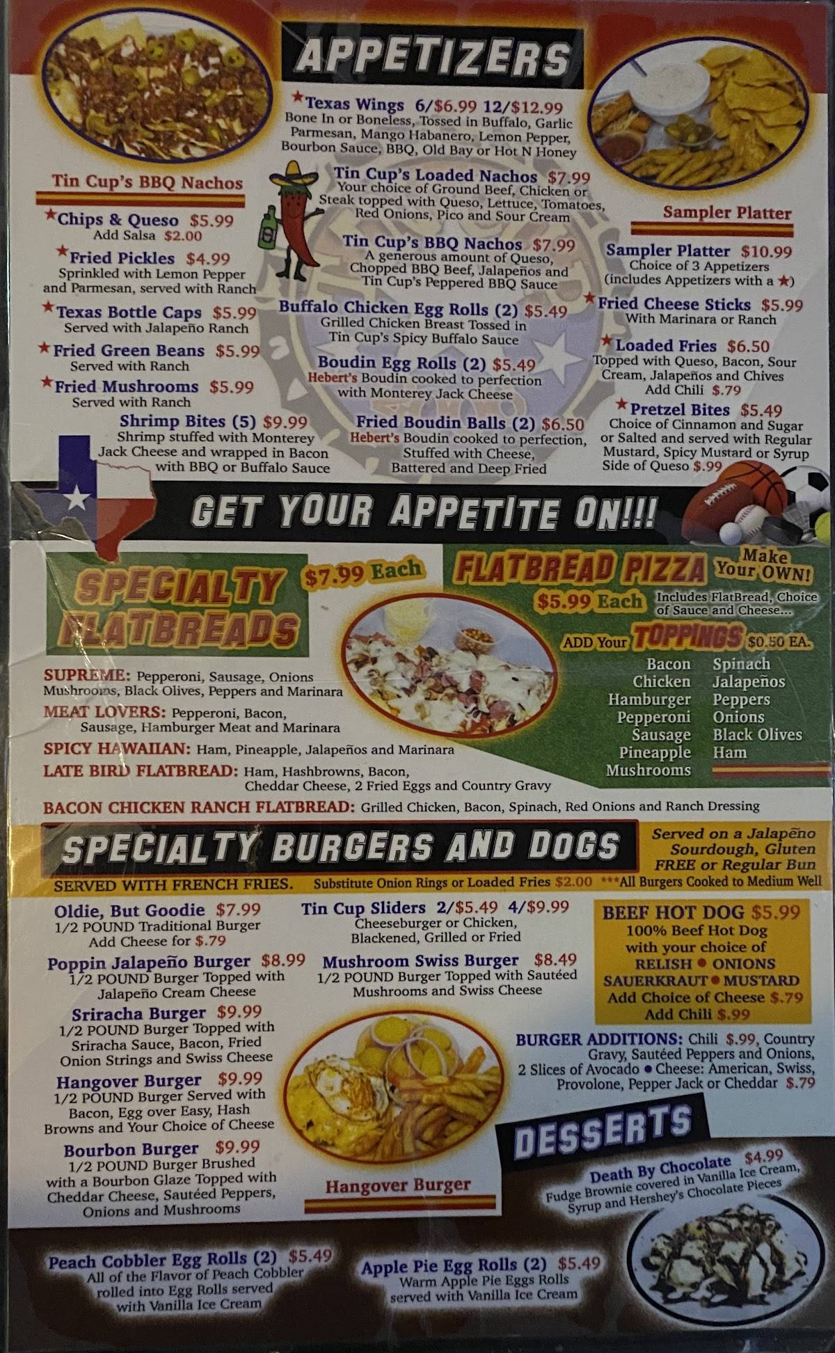 Menu at Tin Cup Sports Bar & Grill, Huffman