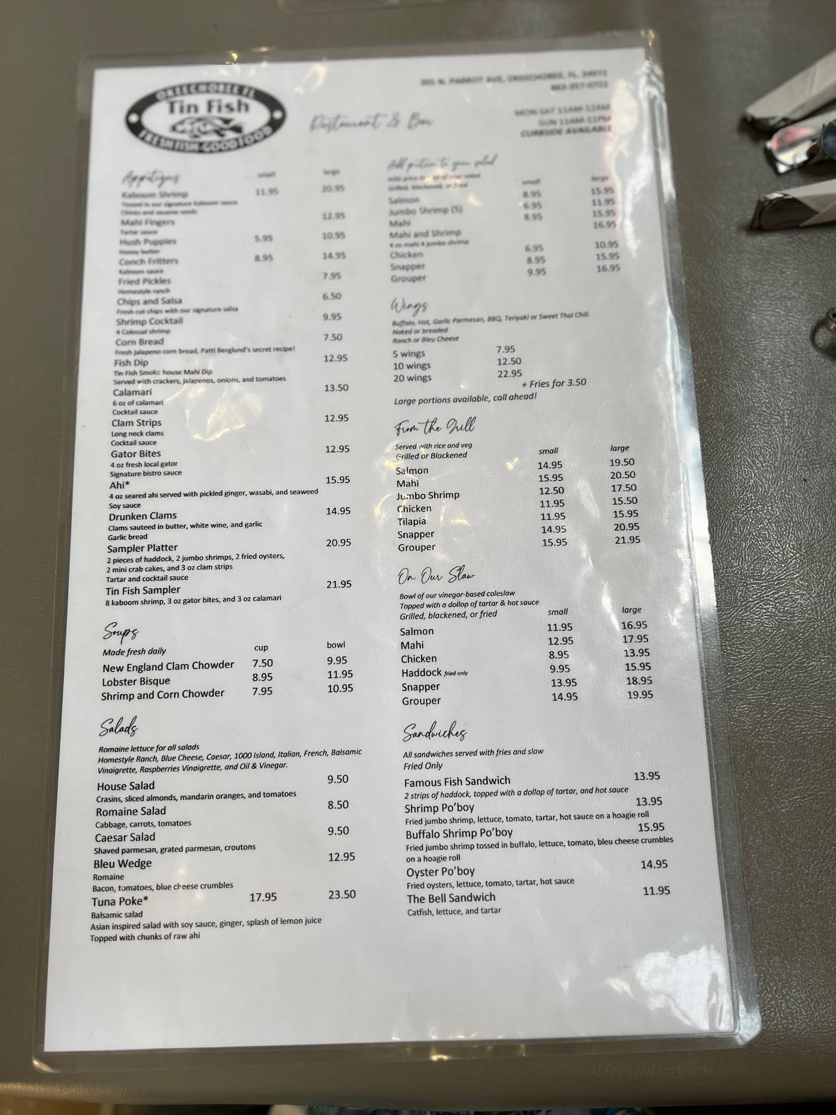 Menu at Tin Fish Restaurant, Okeechobee