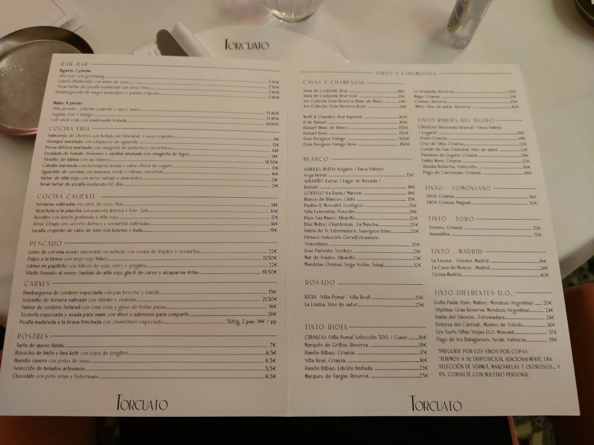 Carta del restaurante Torcuato, Madrid