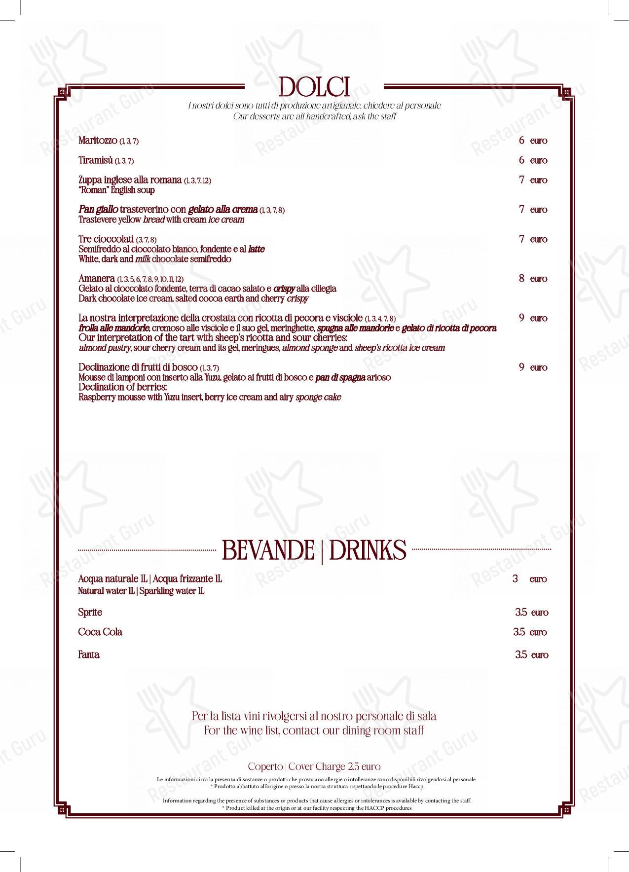 Menu di Ristorante Trastevere - piatti e bevande