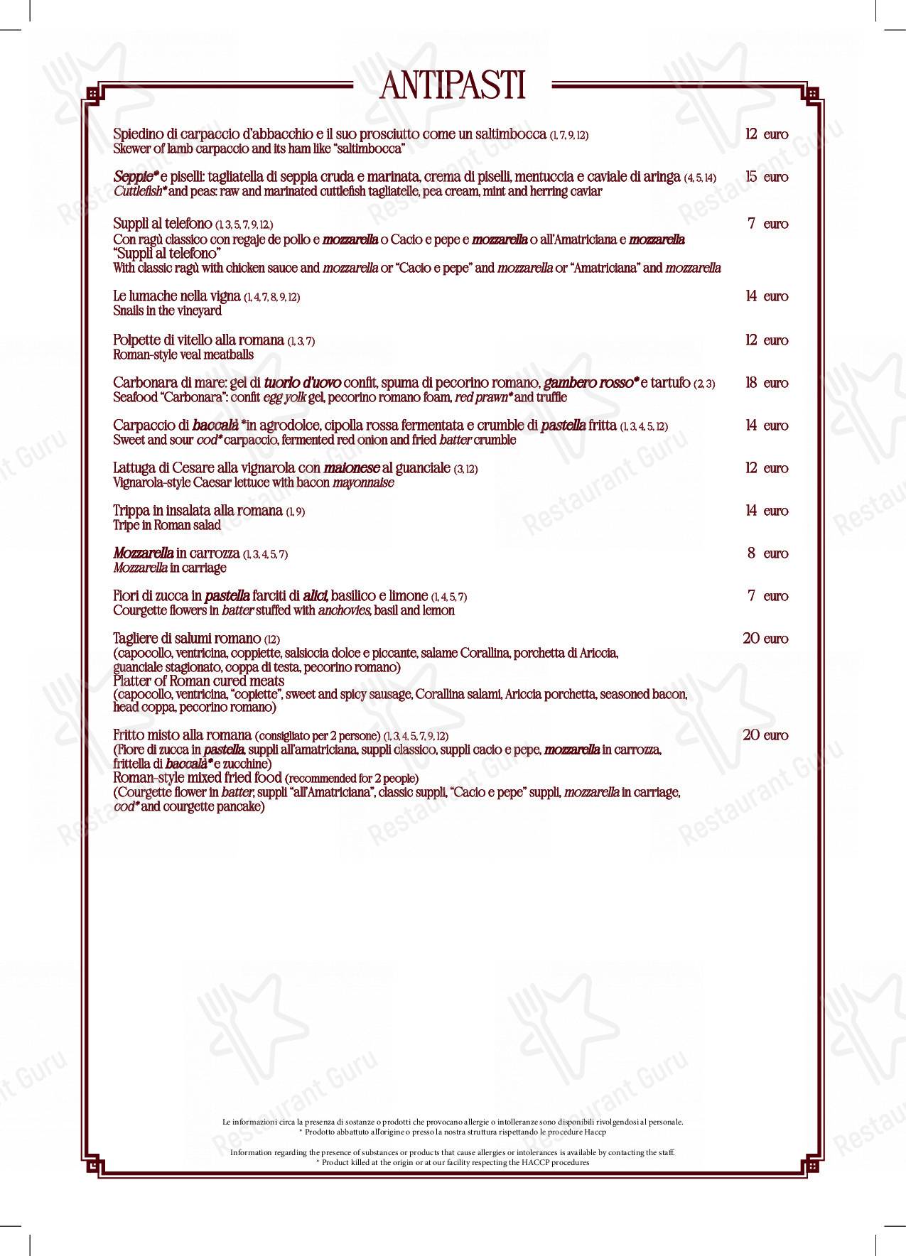 Menu per Ristorante Trastevere ristorante