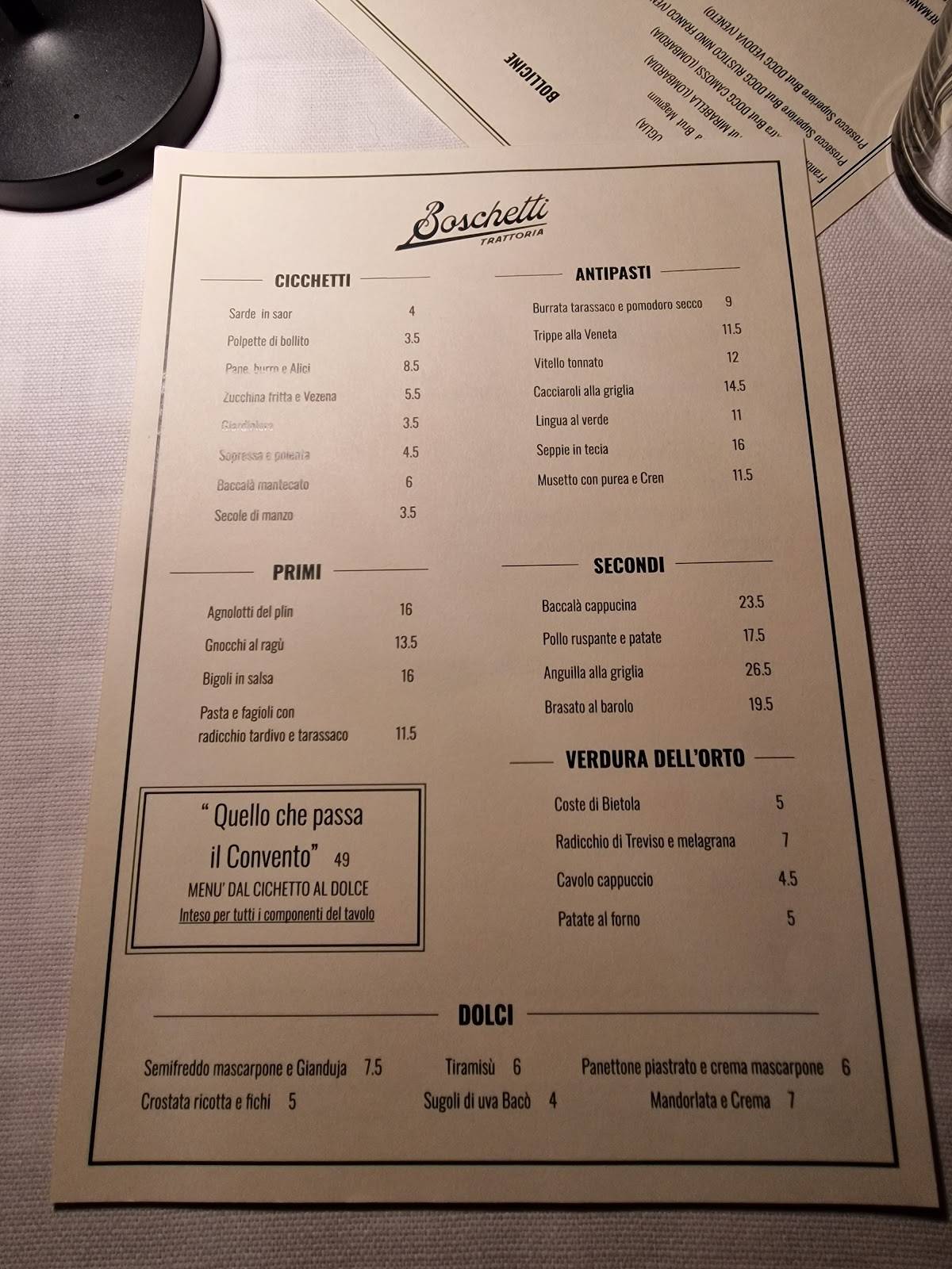 Menu di Trattoria Boschetti in Locanda al Convento 