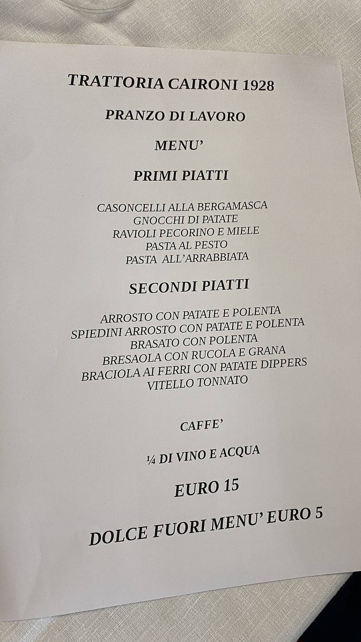 Menu di Trattoria Caironi 
