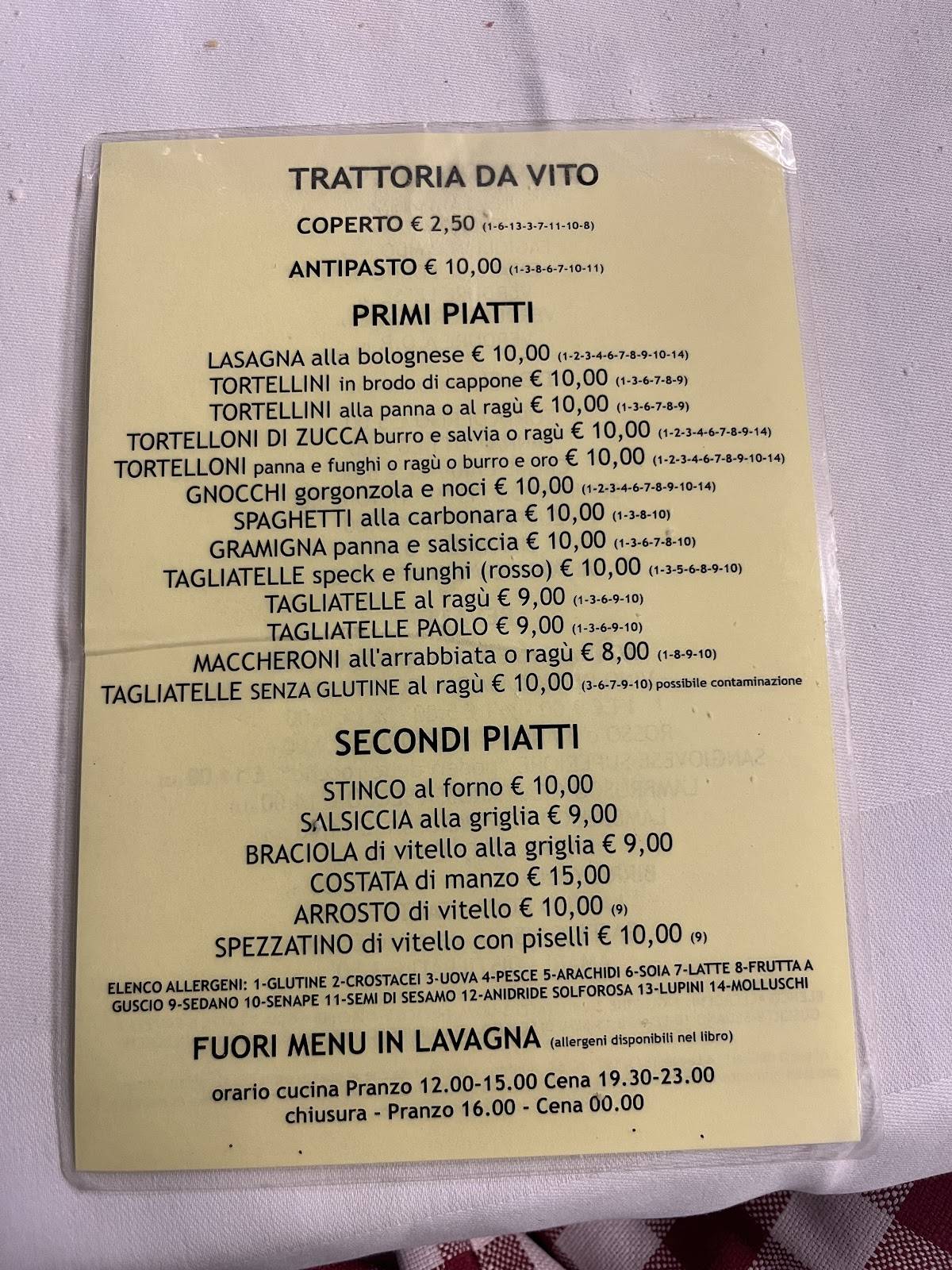 Menu di Trattoria Da Vito 