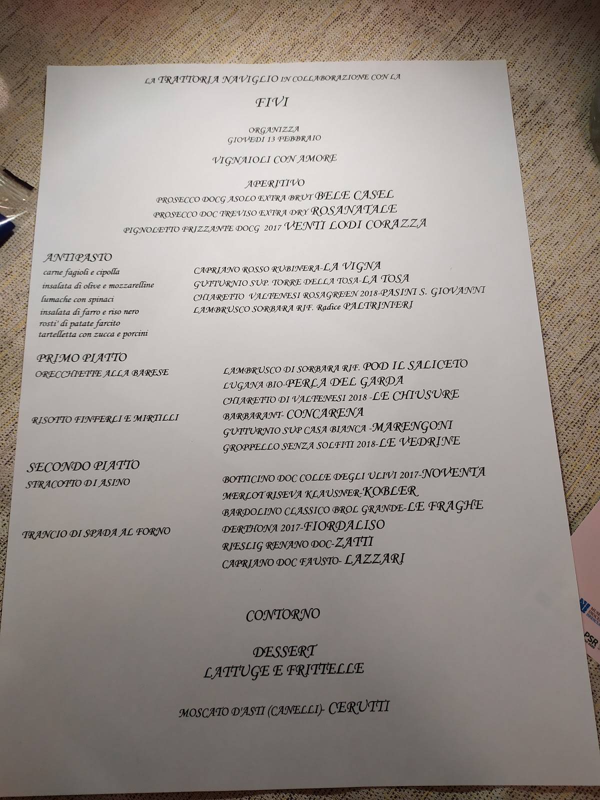 Menu di Trattoria Naviglio di Gentilini Claudio 