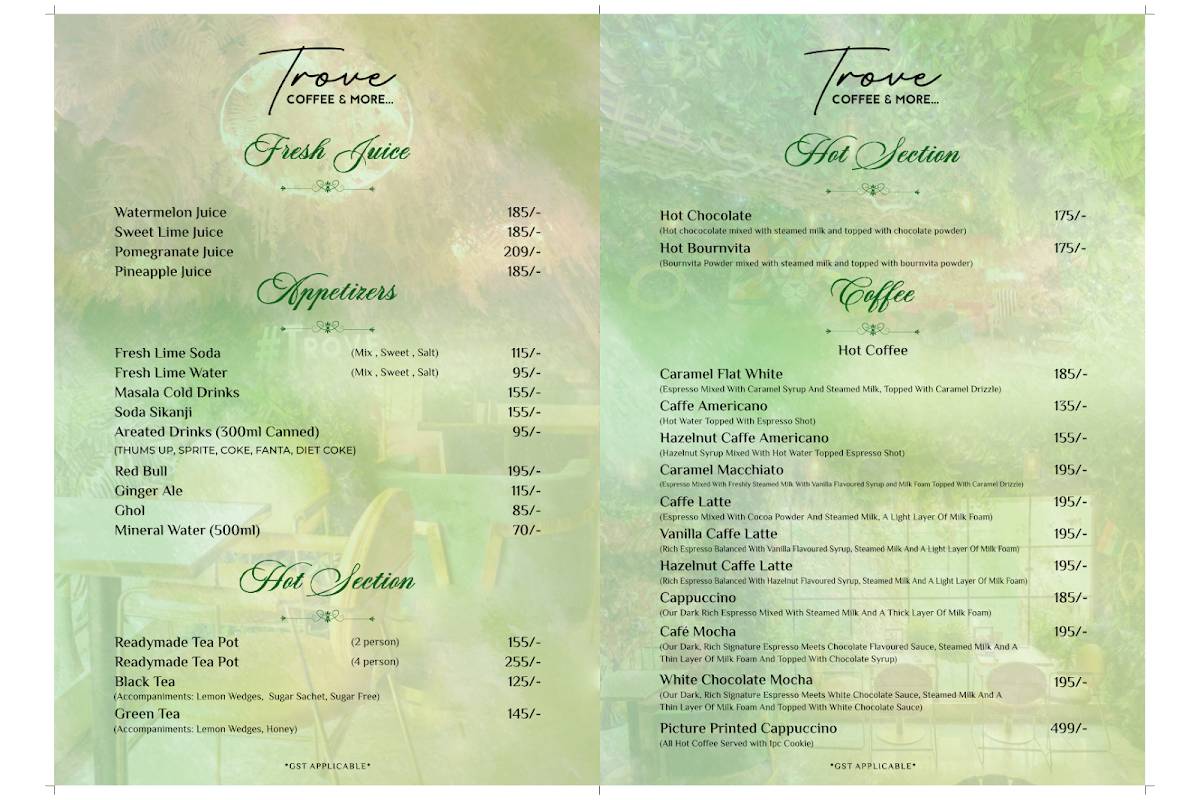 Trove Coffee & More - best cafe in Kolkata menu