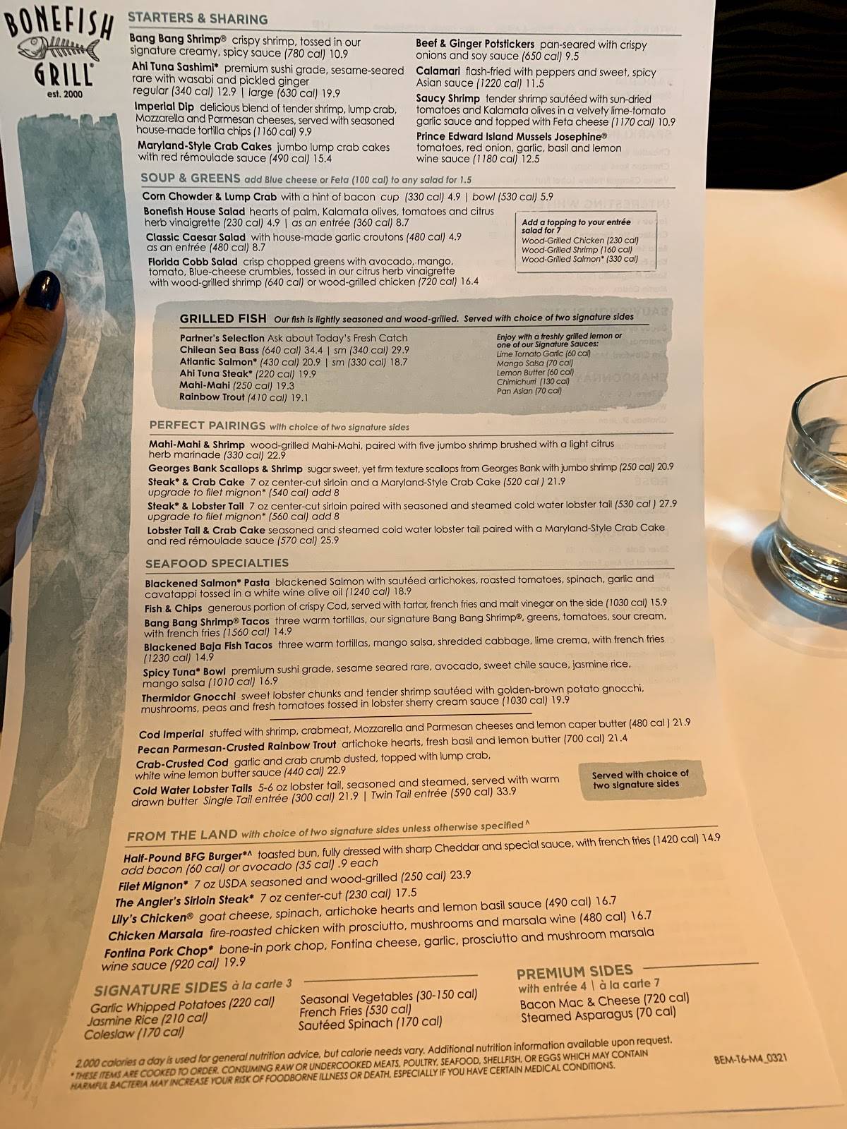 Menu at Bonefish Grill restaurant, Troy