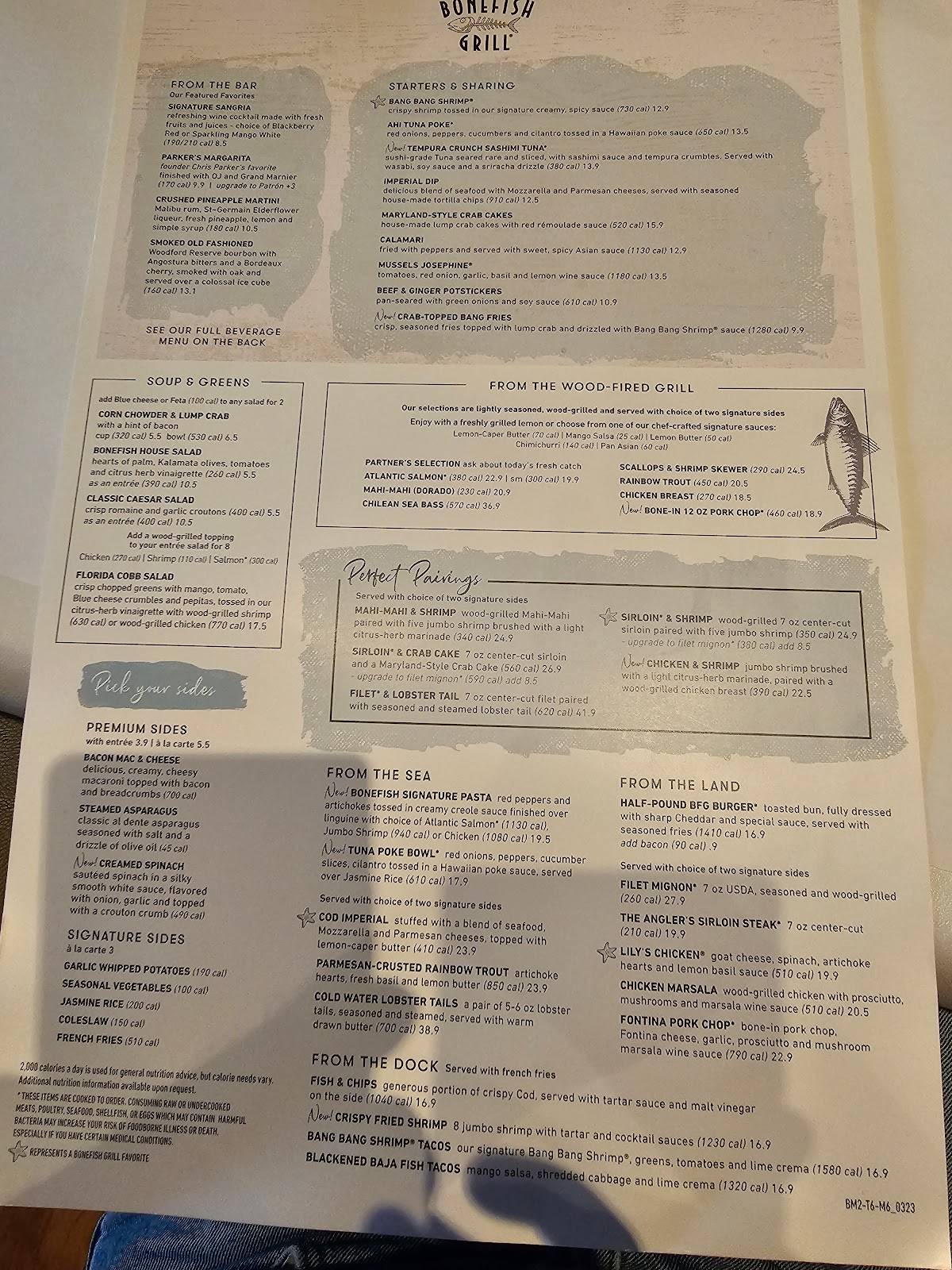 Menu at Bonefish Grill restaurant, Troy