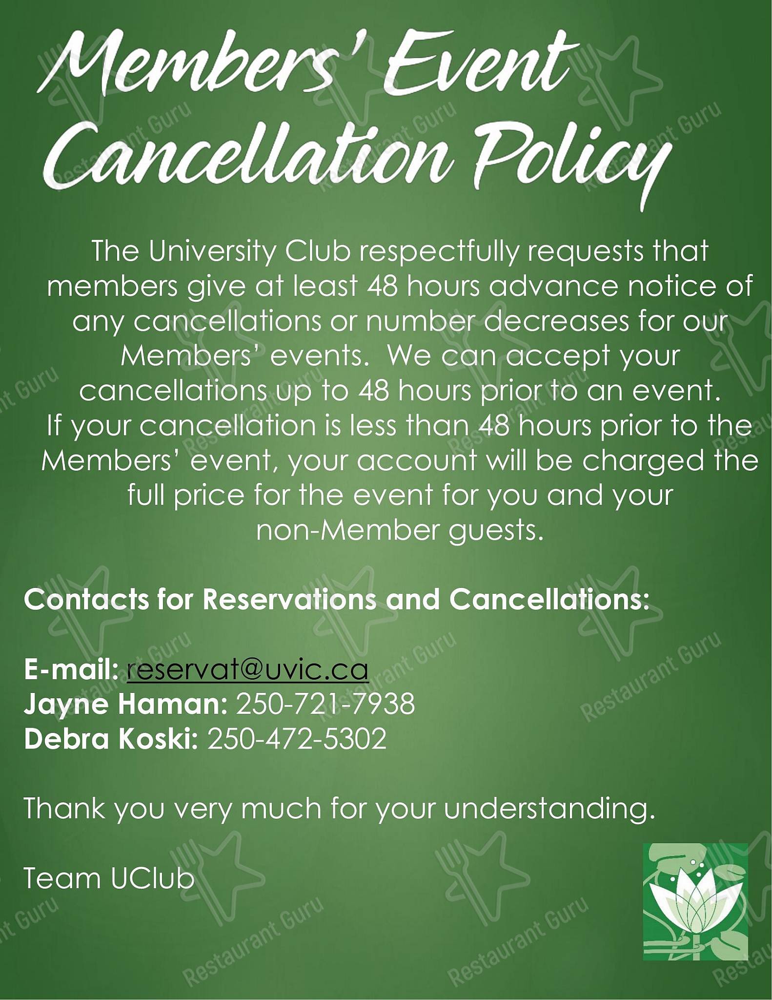 Menu pour University Club of Victoria - Table Menu