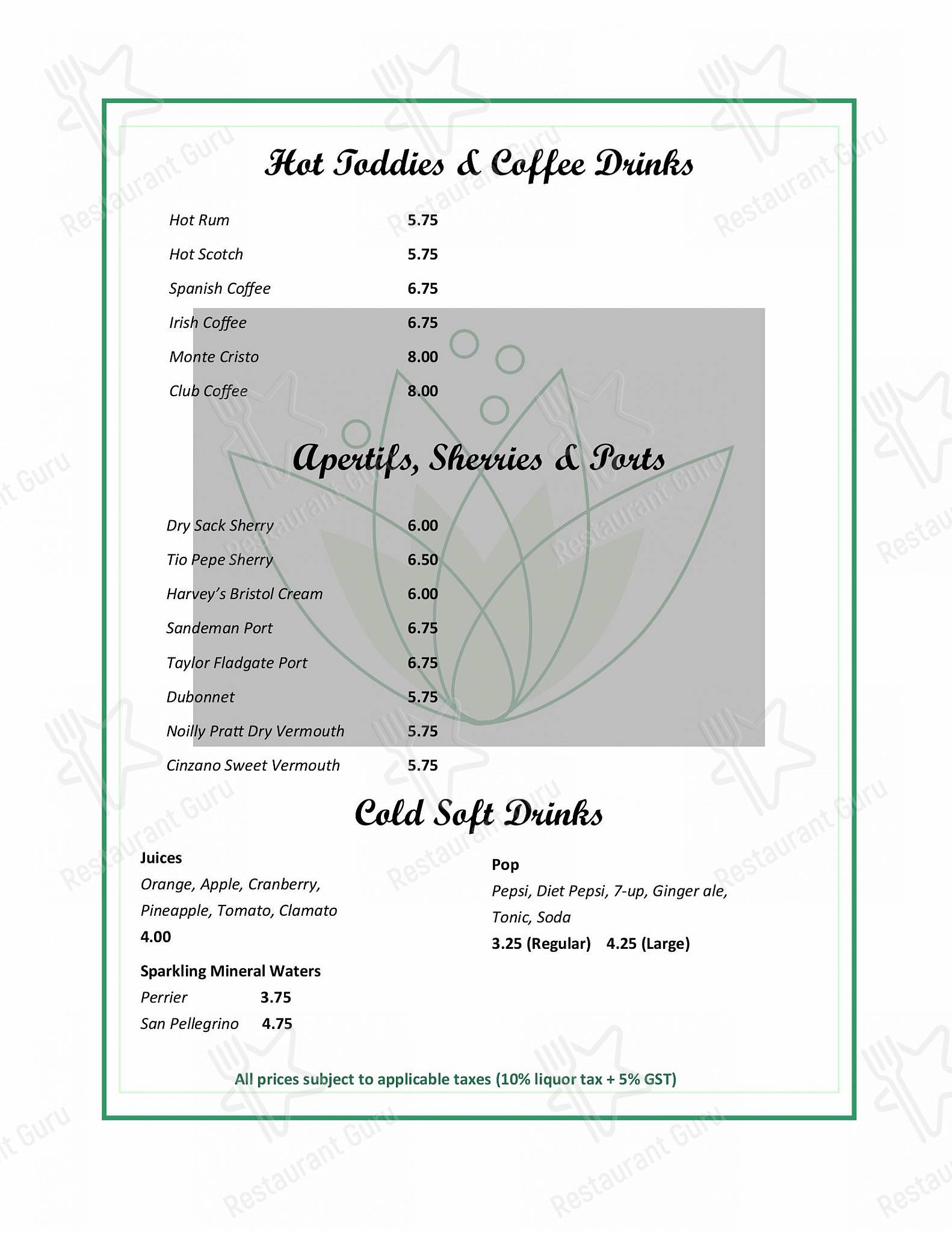 Table Menu pour University Club of Victoria dans Victoria