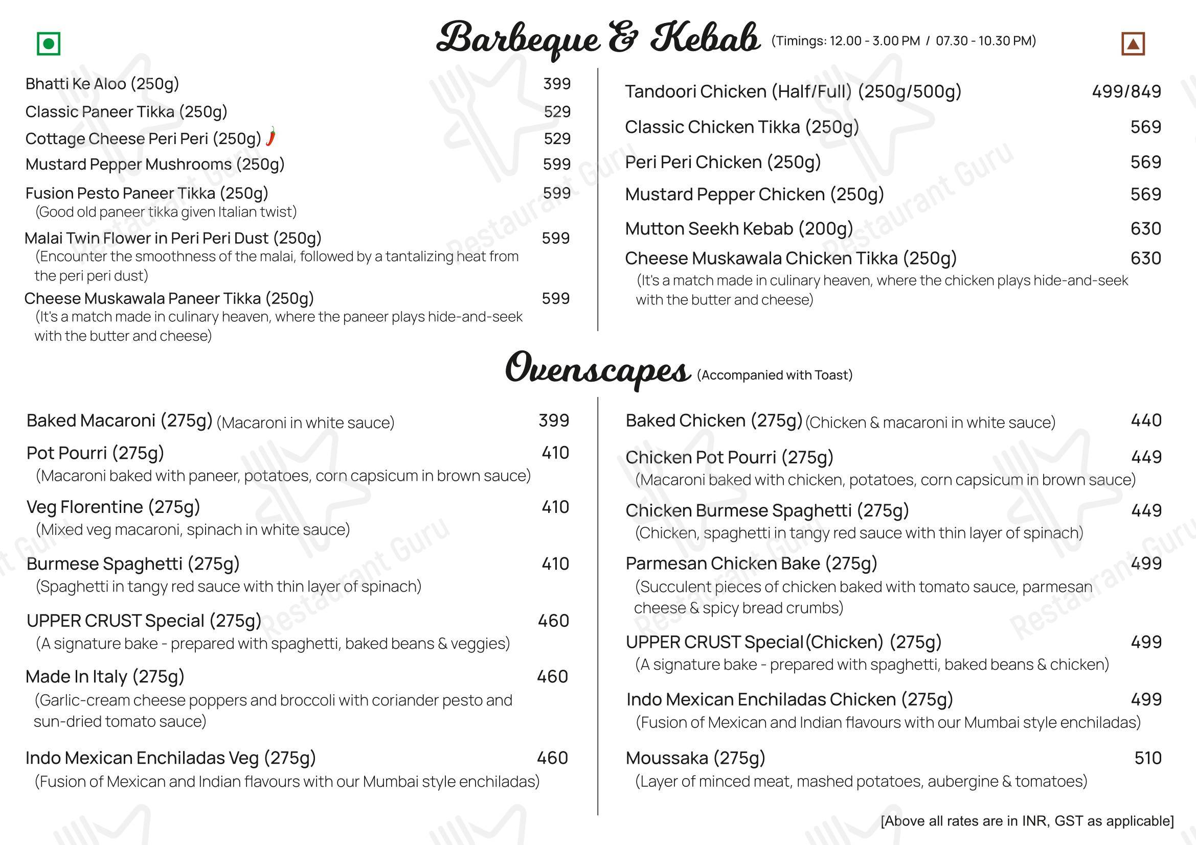 Menu for the Upper Crust restaurant