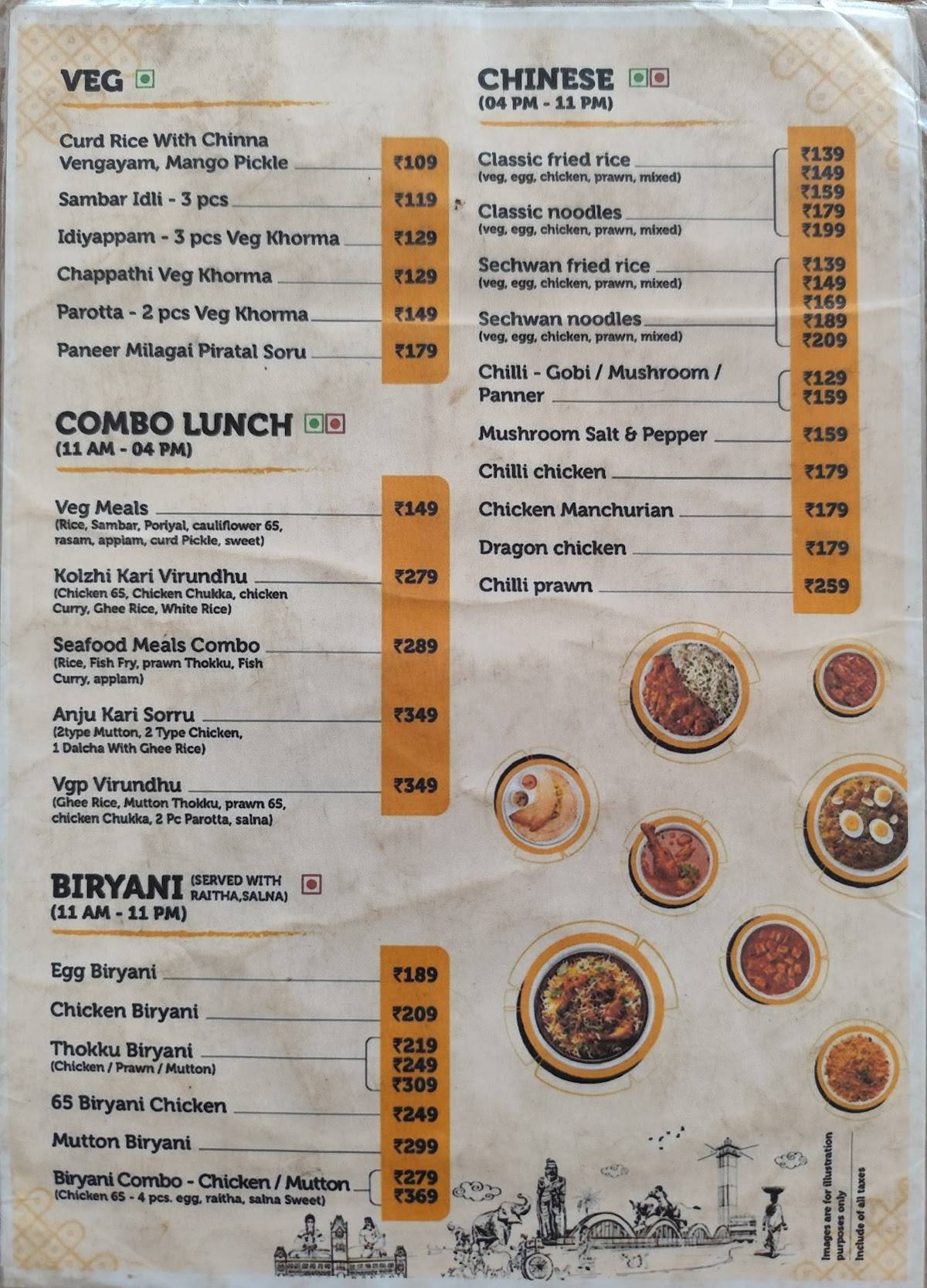 VGP Vanakkam Cafe menu