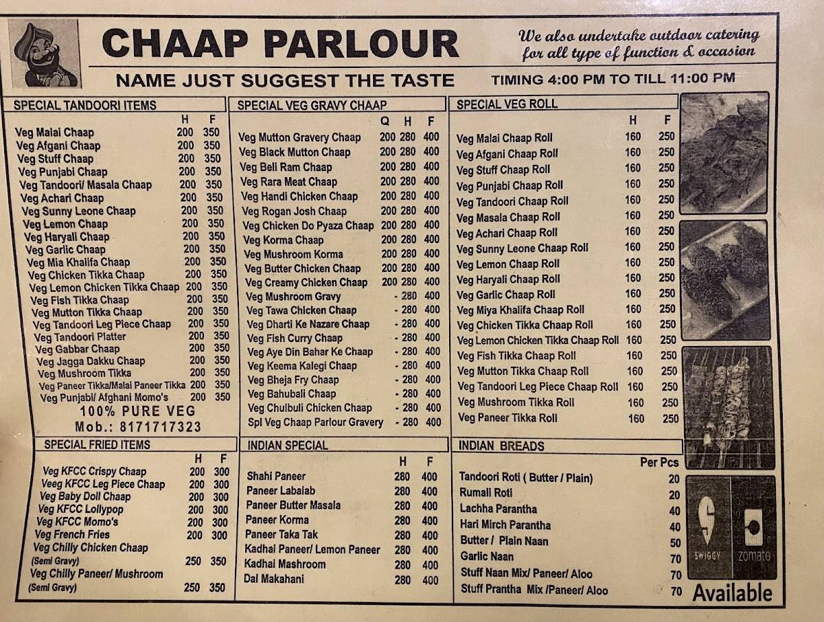 Chaap parlour menu