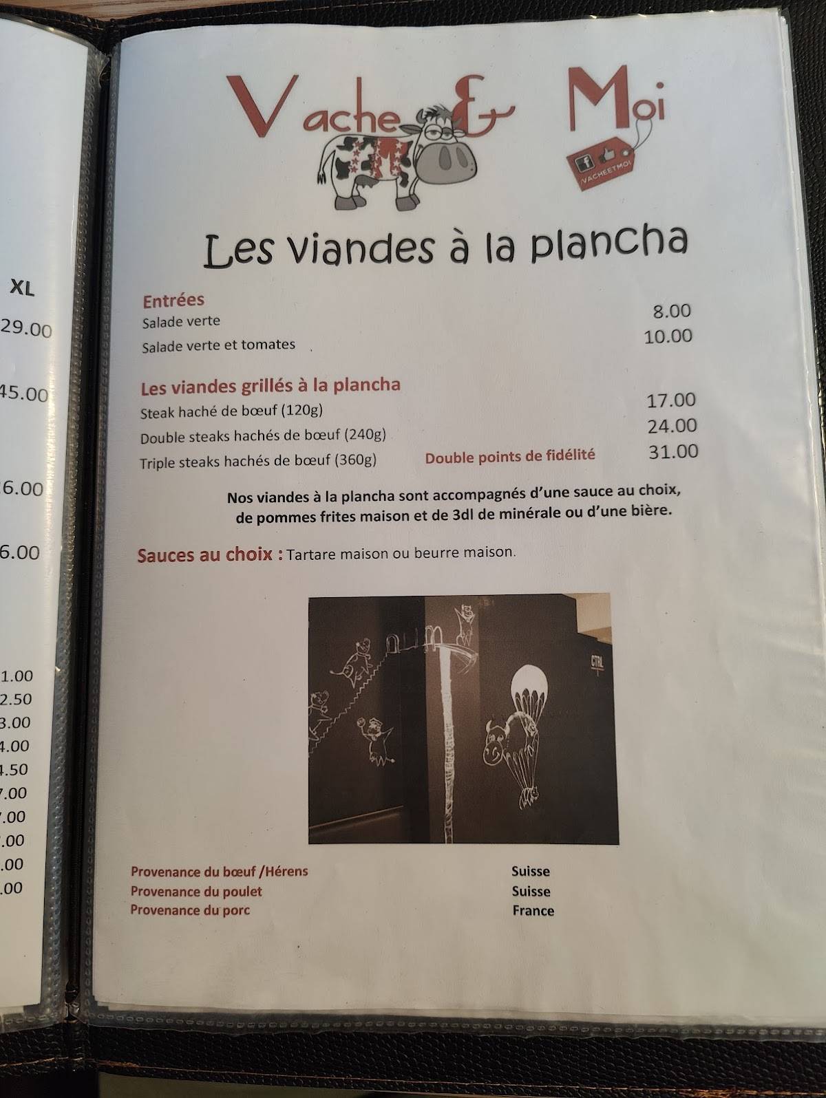 Menu di Vache et Moi 