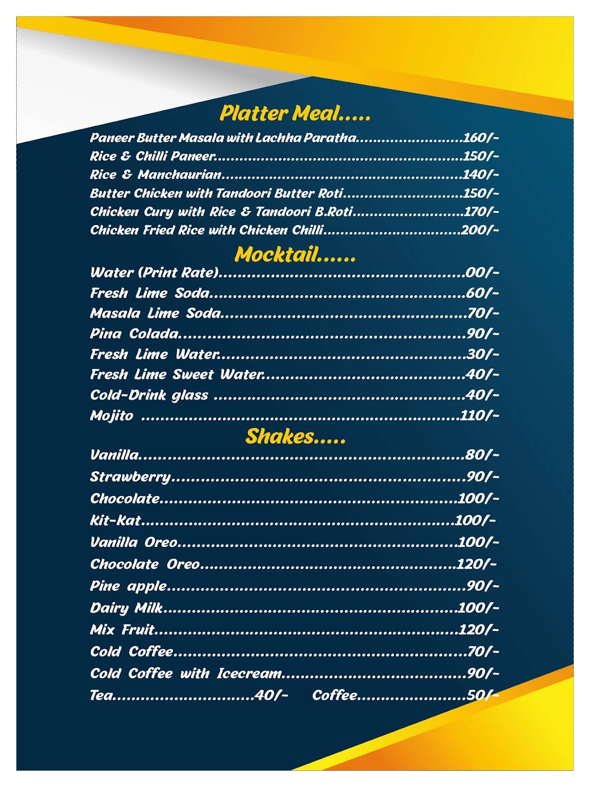 Kingslayer Family Resturant & Party Spot menu