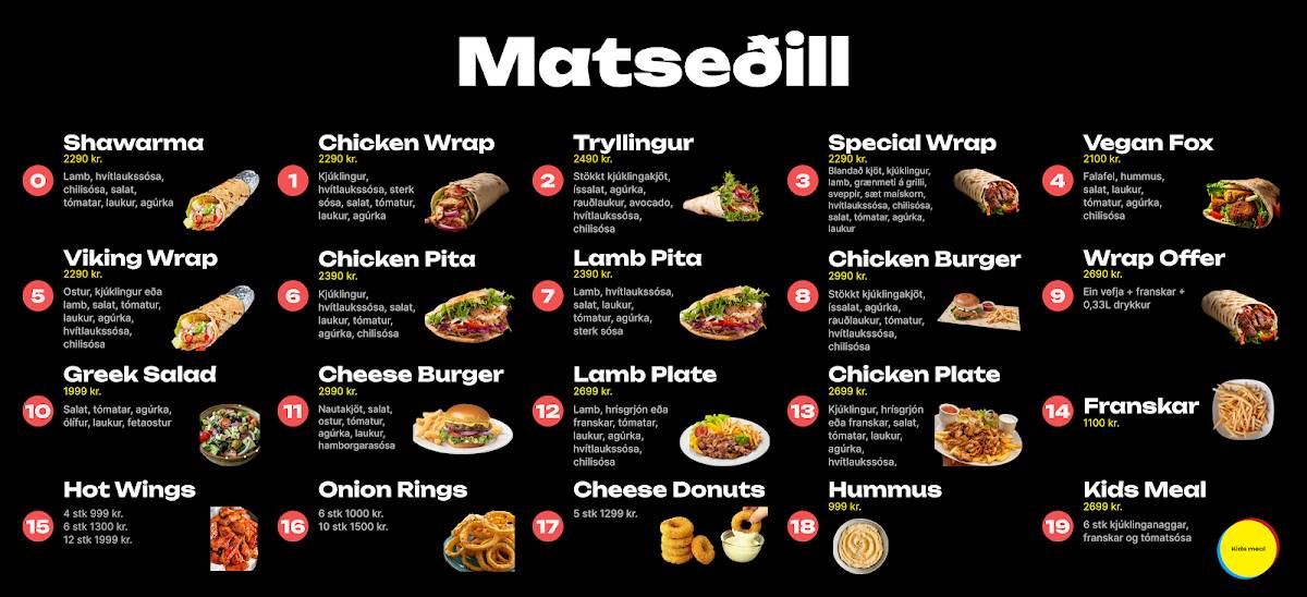 Menu de Vefjan (turkish kebab)