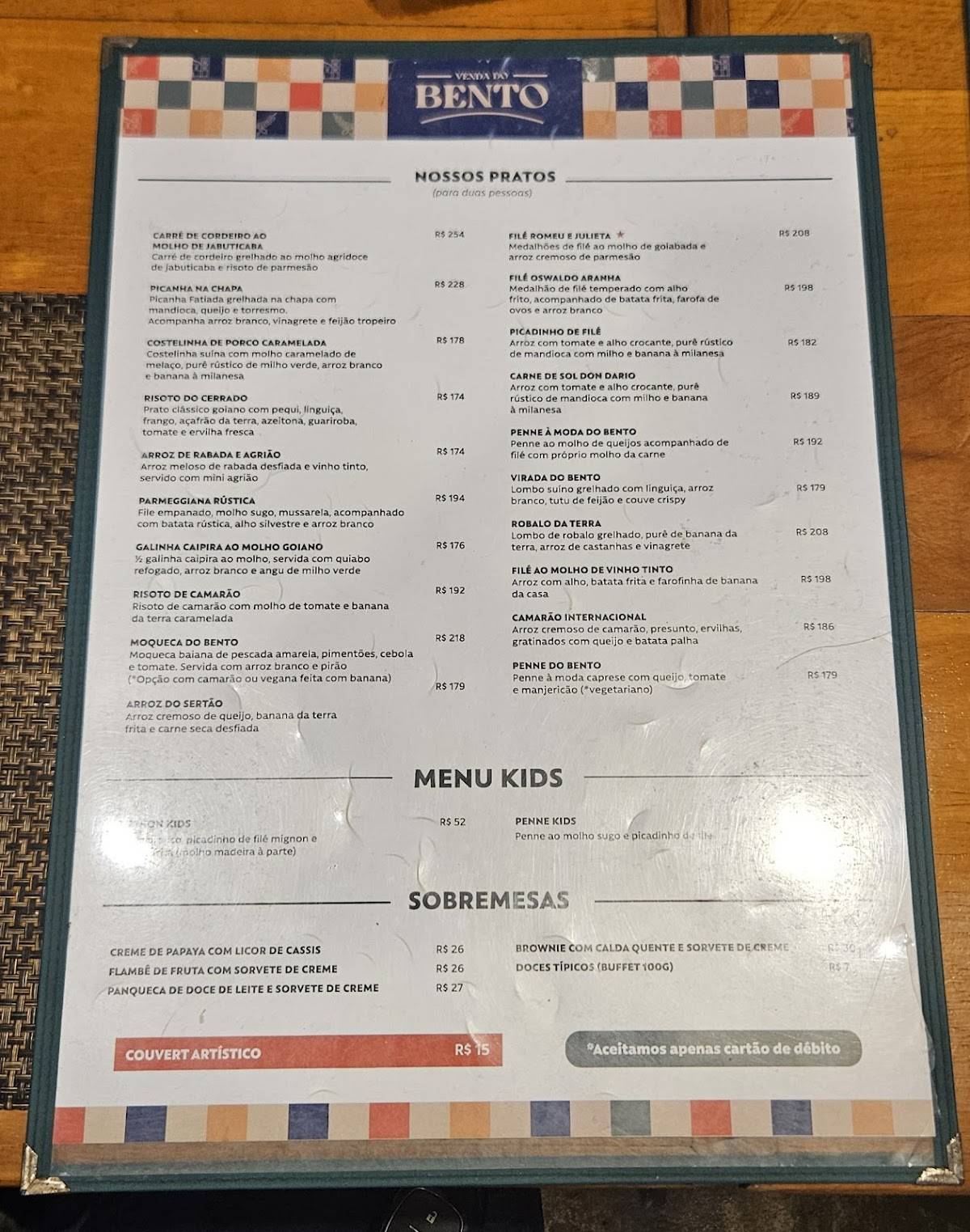 Venda do Bento cardápio