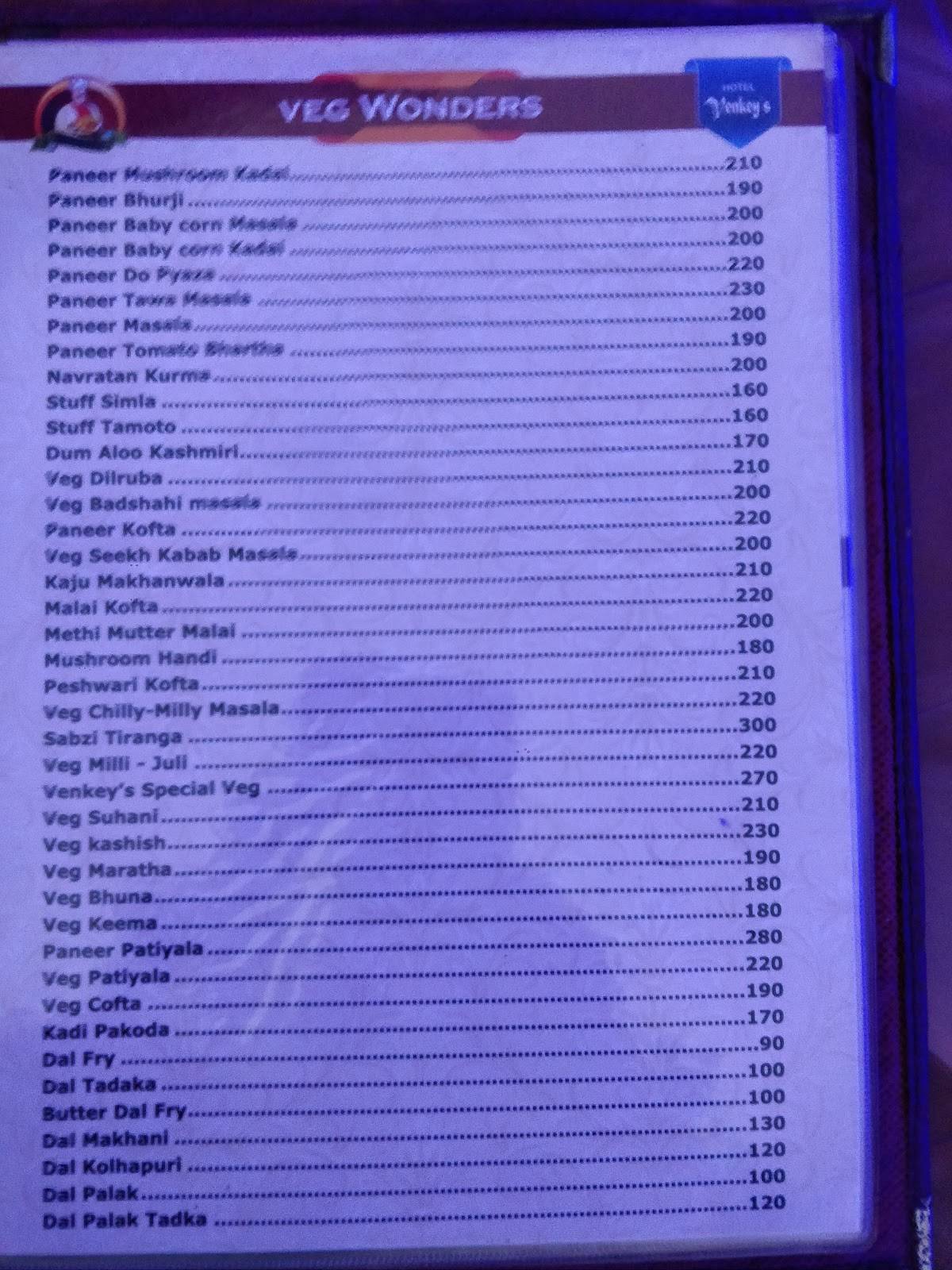 Venky's Family Restaurant And Bar menu