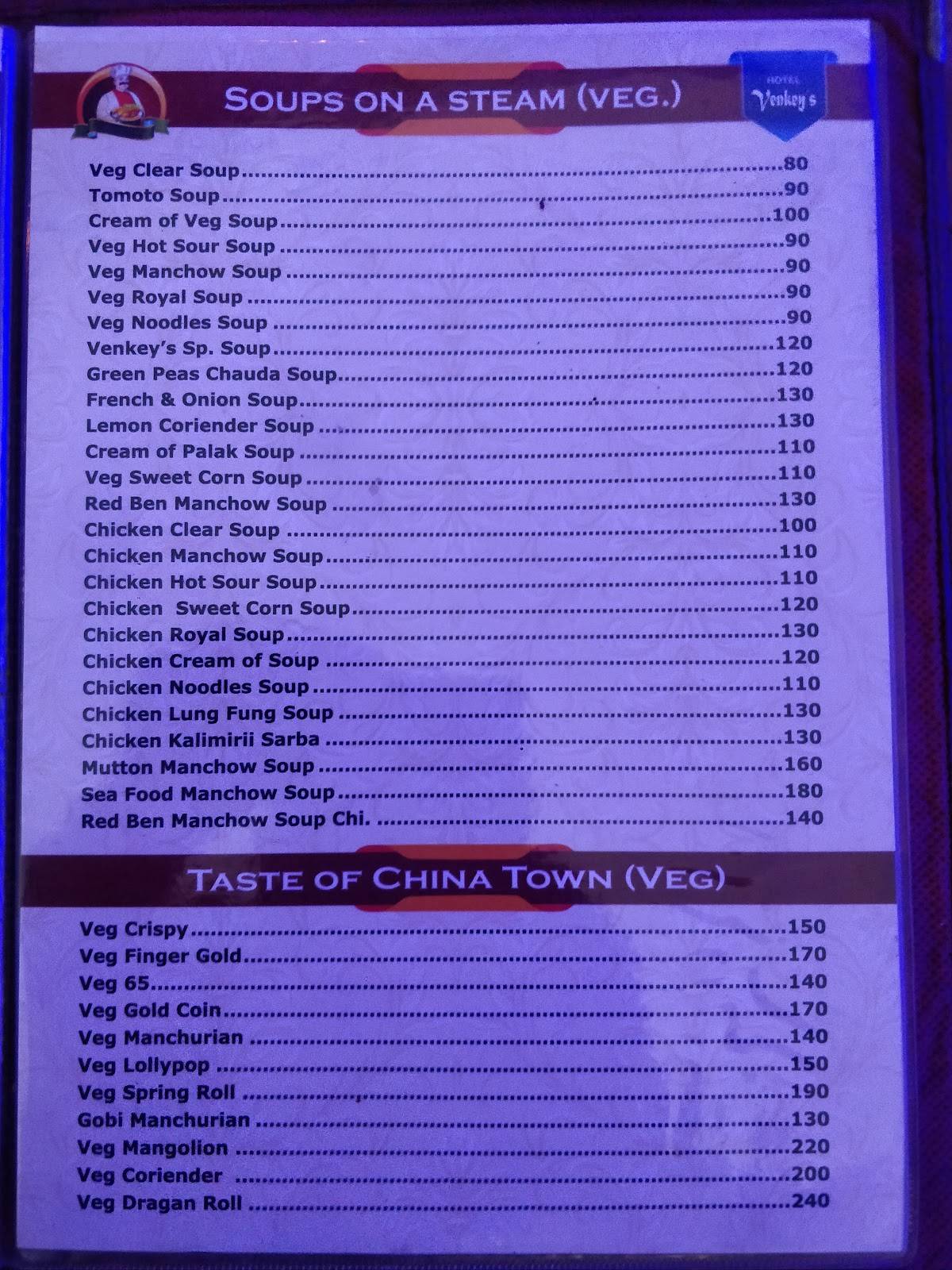 Venky's Family Restaurant And Bar menu