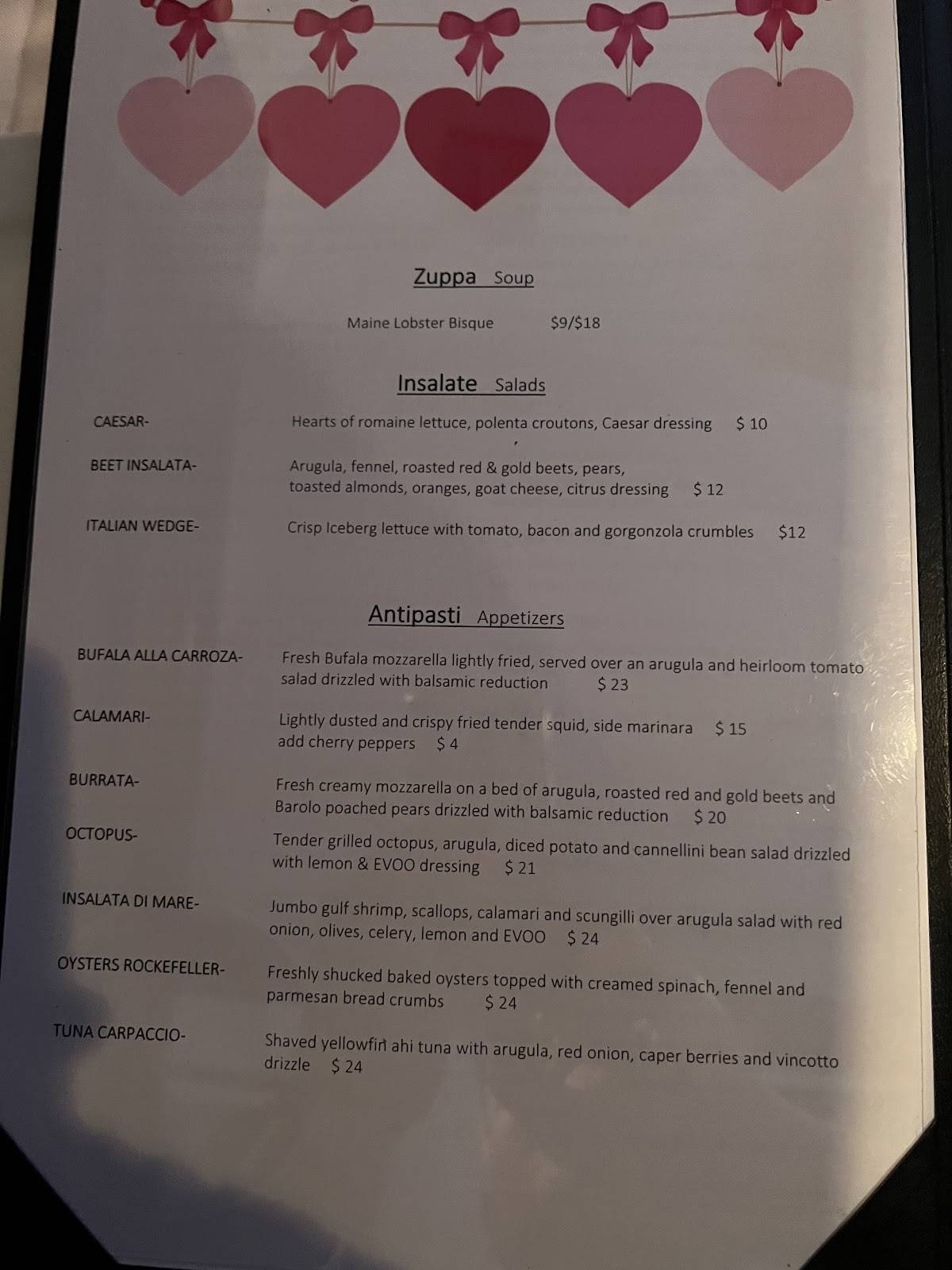 Menu at Trattoria Dario restaurant, Vero Beach