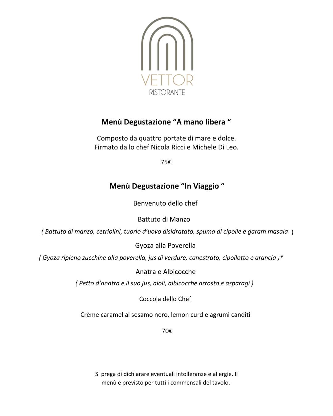 Menu di Vettor - Ristorante Romantico Bari 