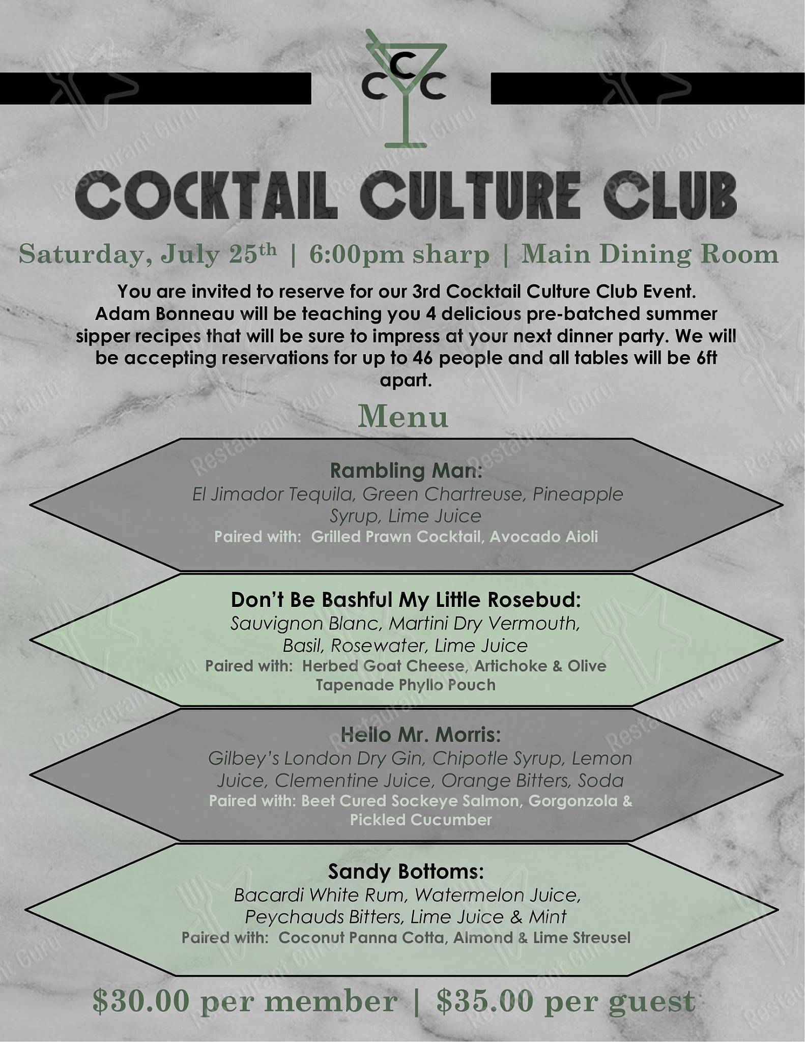 Menu pour University Club of Victoria - Table Menu
