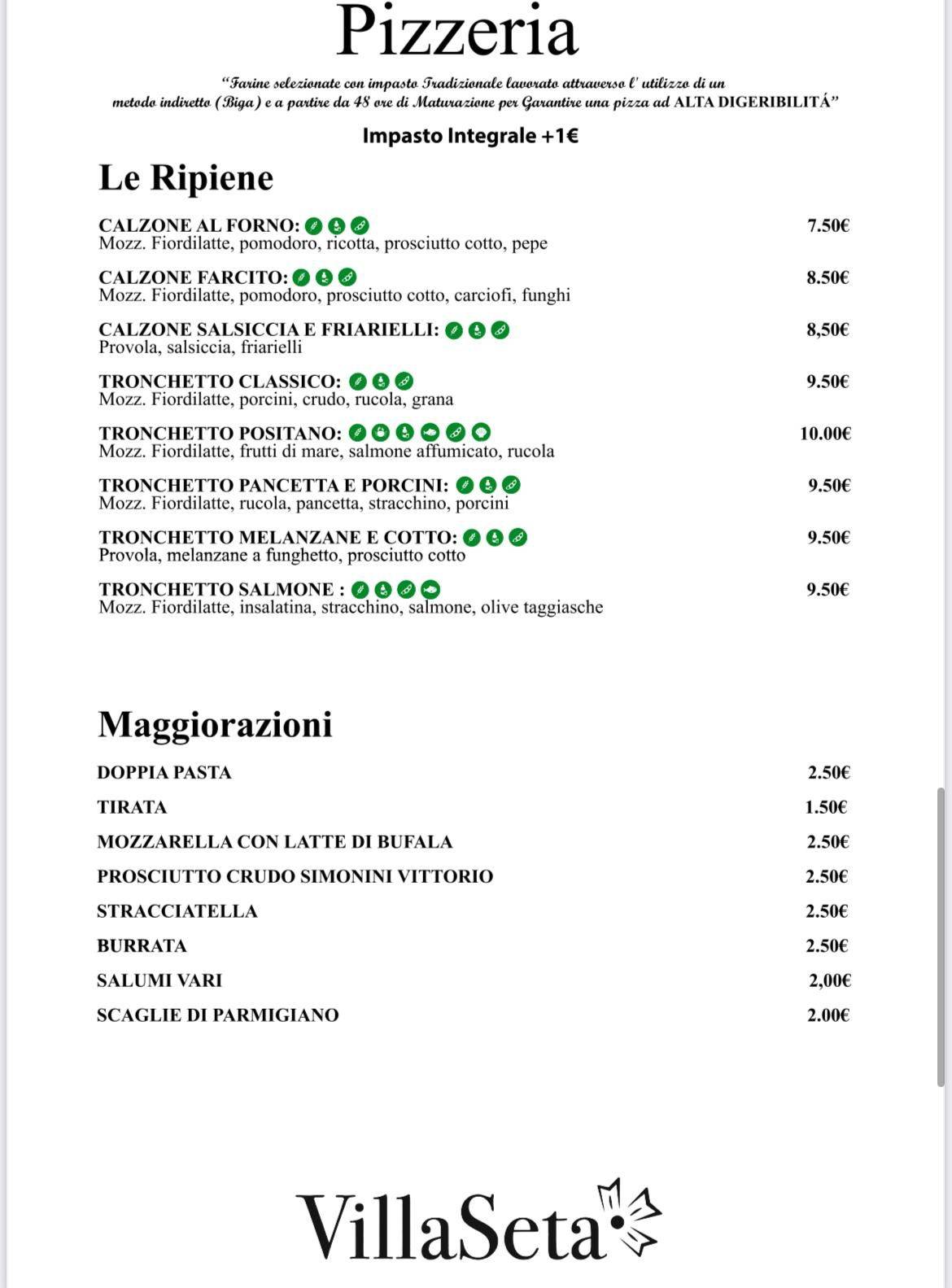 Menu di Villa Seta 