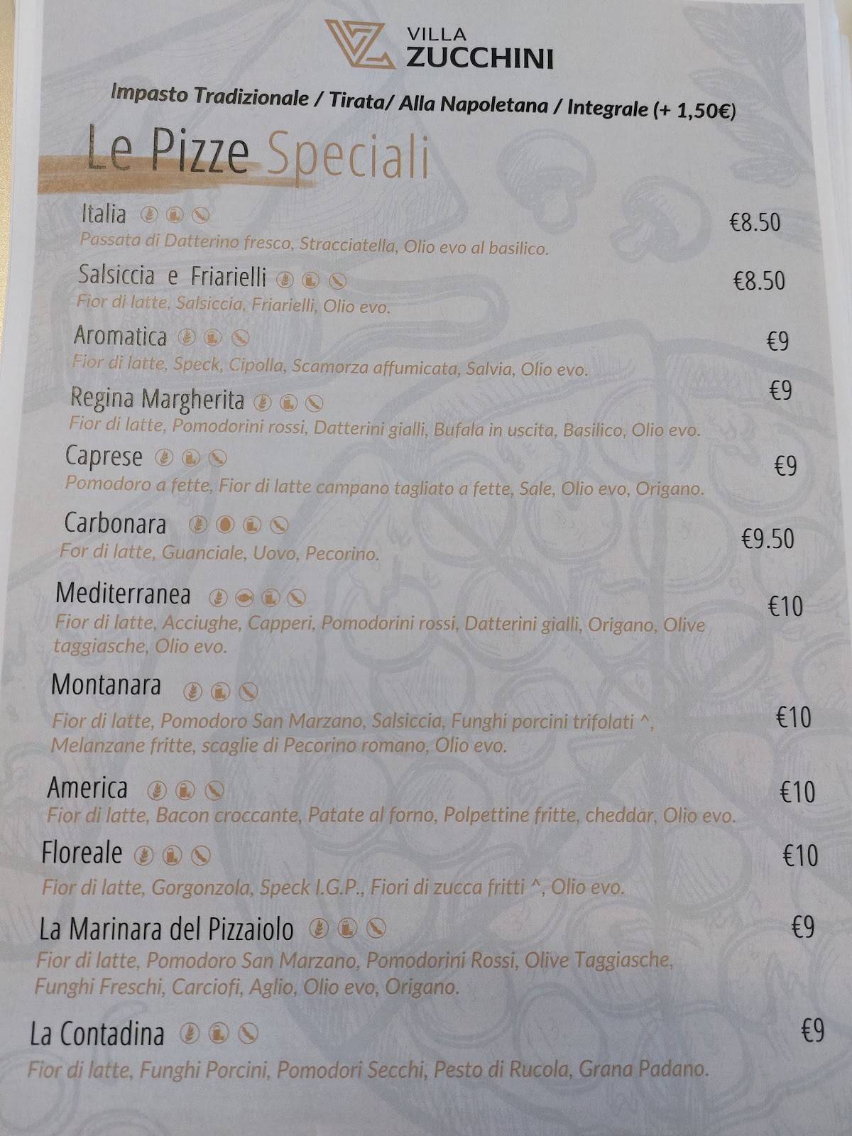 Menu di Villa Zucchini 