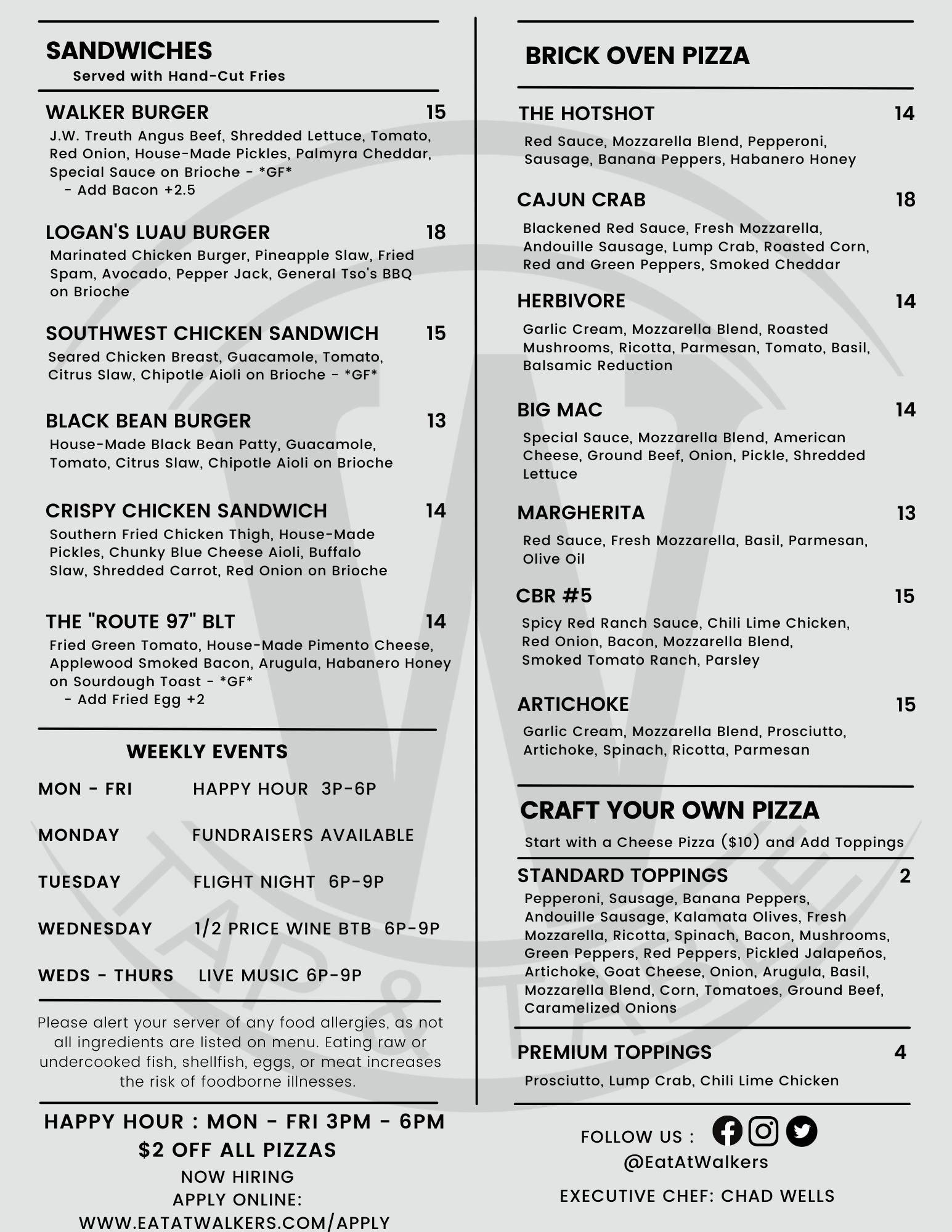 Menu at Walker’s Tap & Table pub & bar, Glenwood