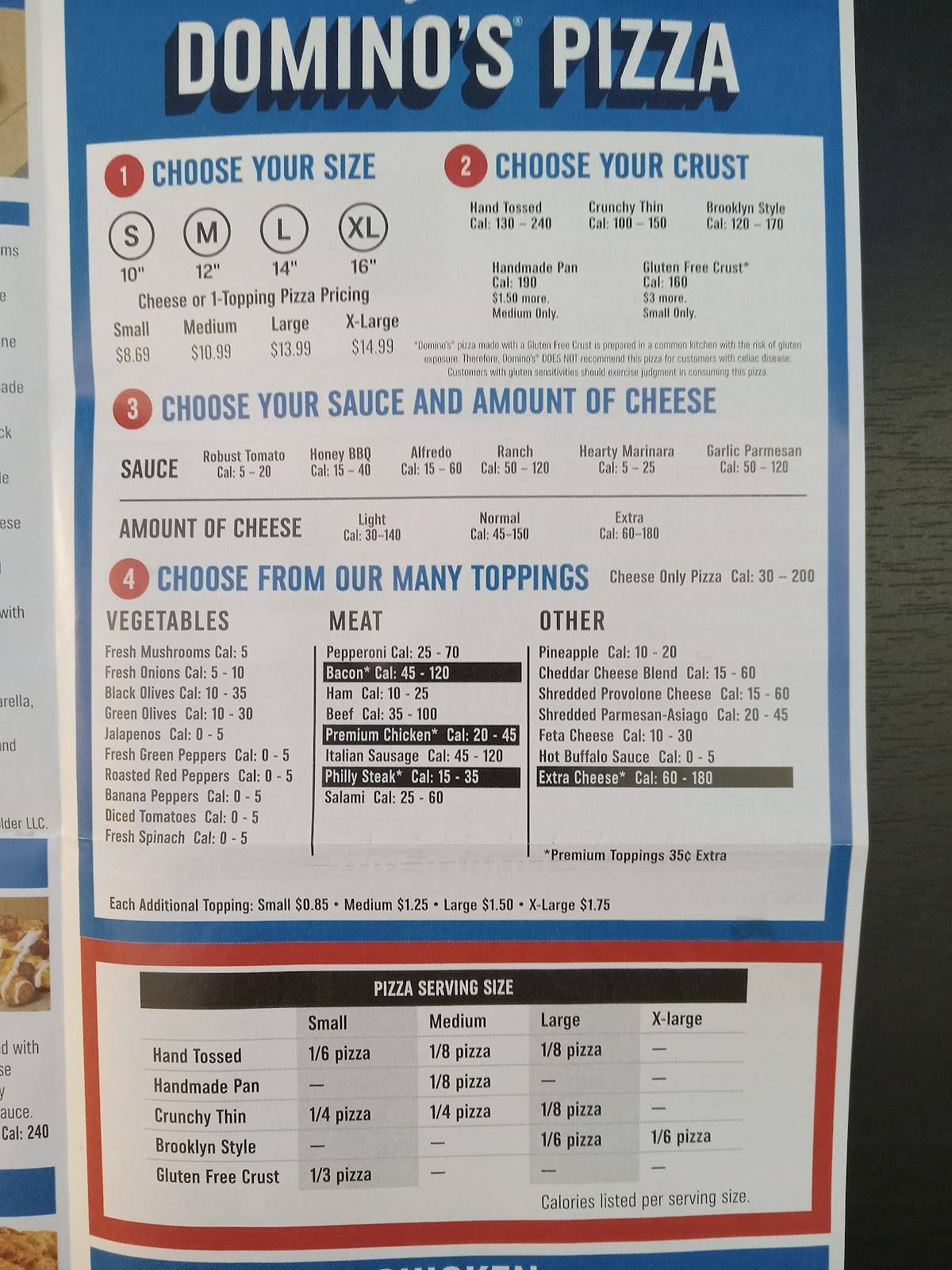 Menu at Domino's Pizza pizzeria, West Jefferson