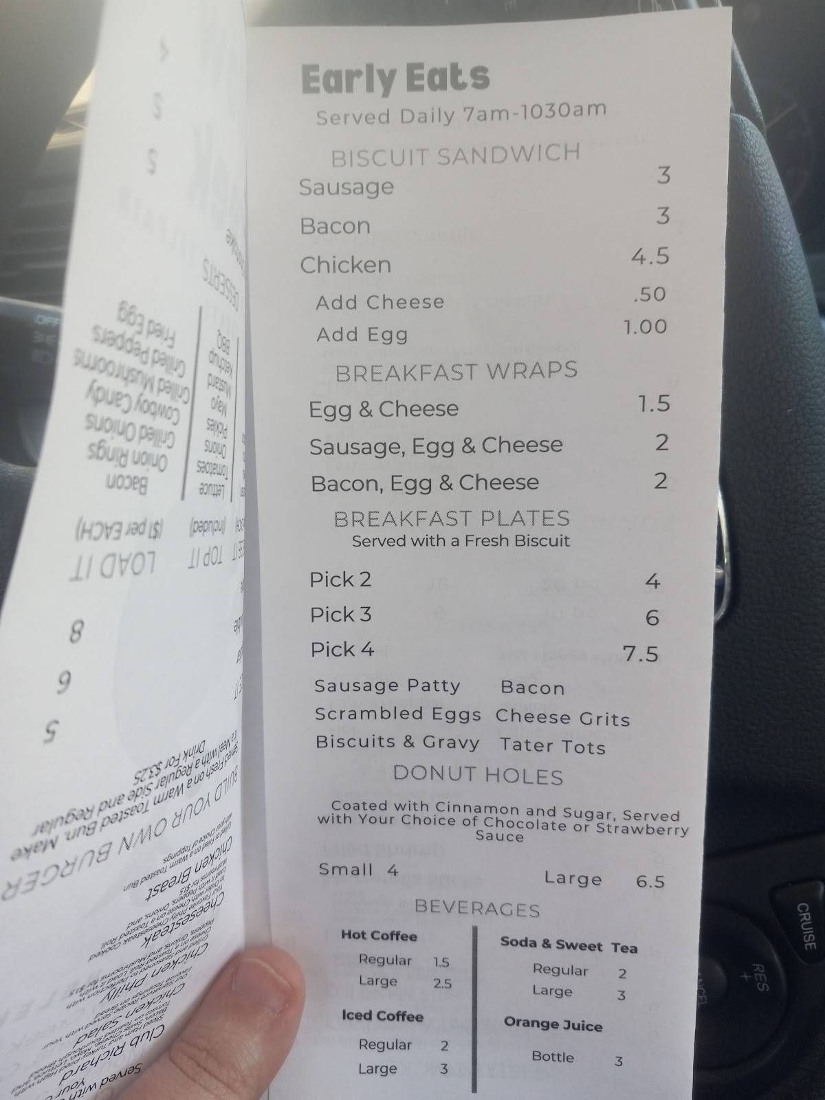Menu at Willow Creek restaurant, McRae