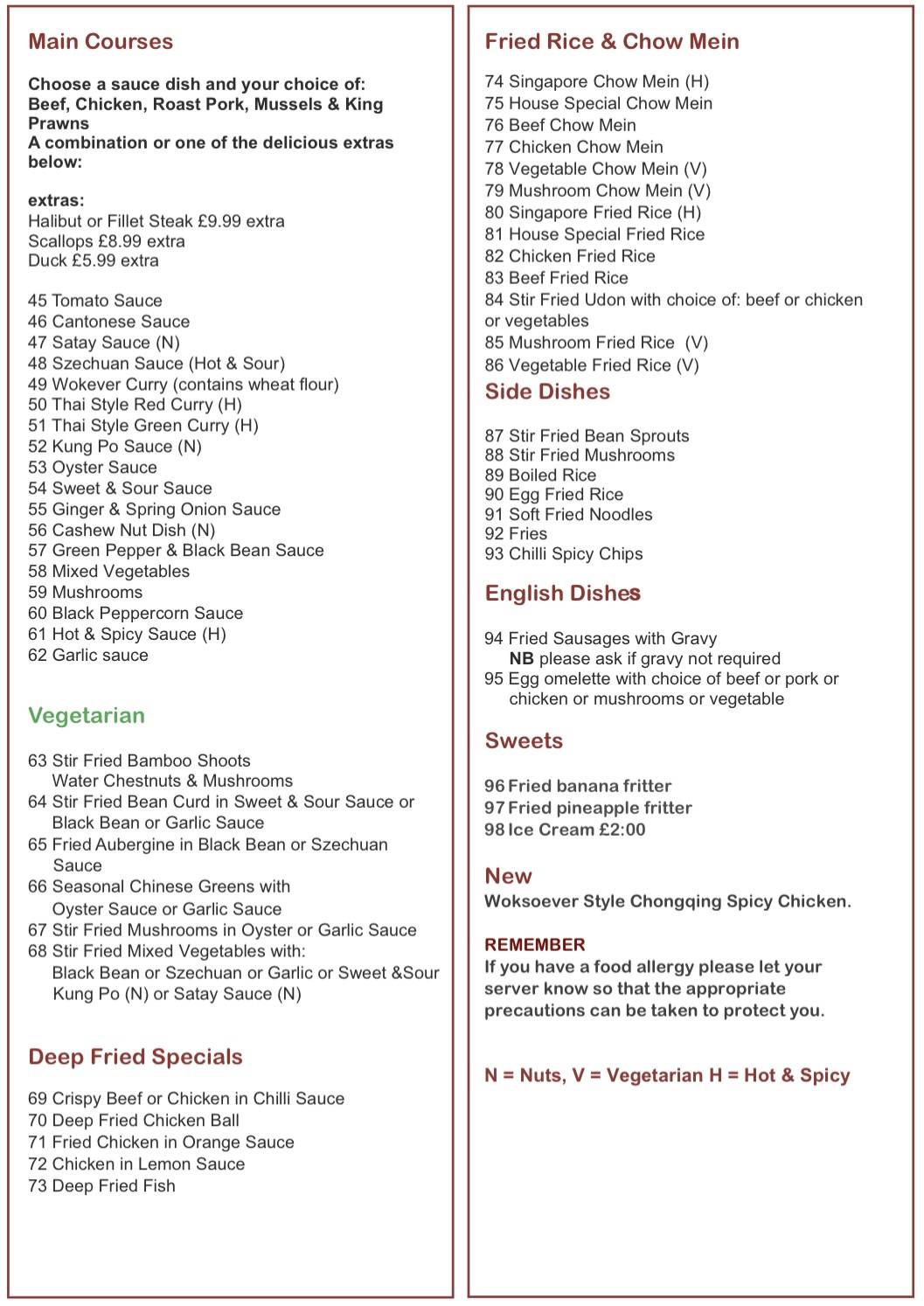 Menu at Woksoever restaurant, Cottingham