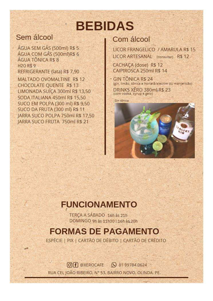 Xêro Café e Arte cardápio