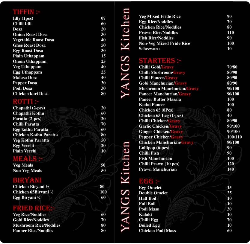 Menu at Yangs kitchen Chennai Menu at Yangs kitchen Chennai