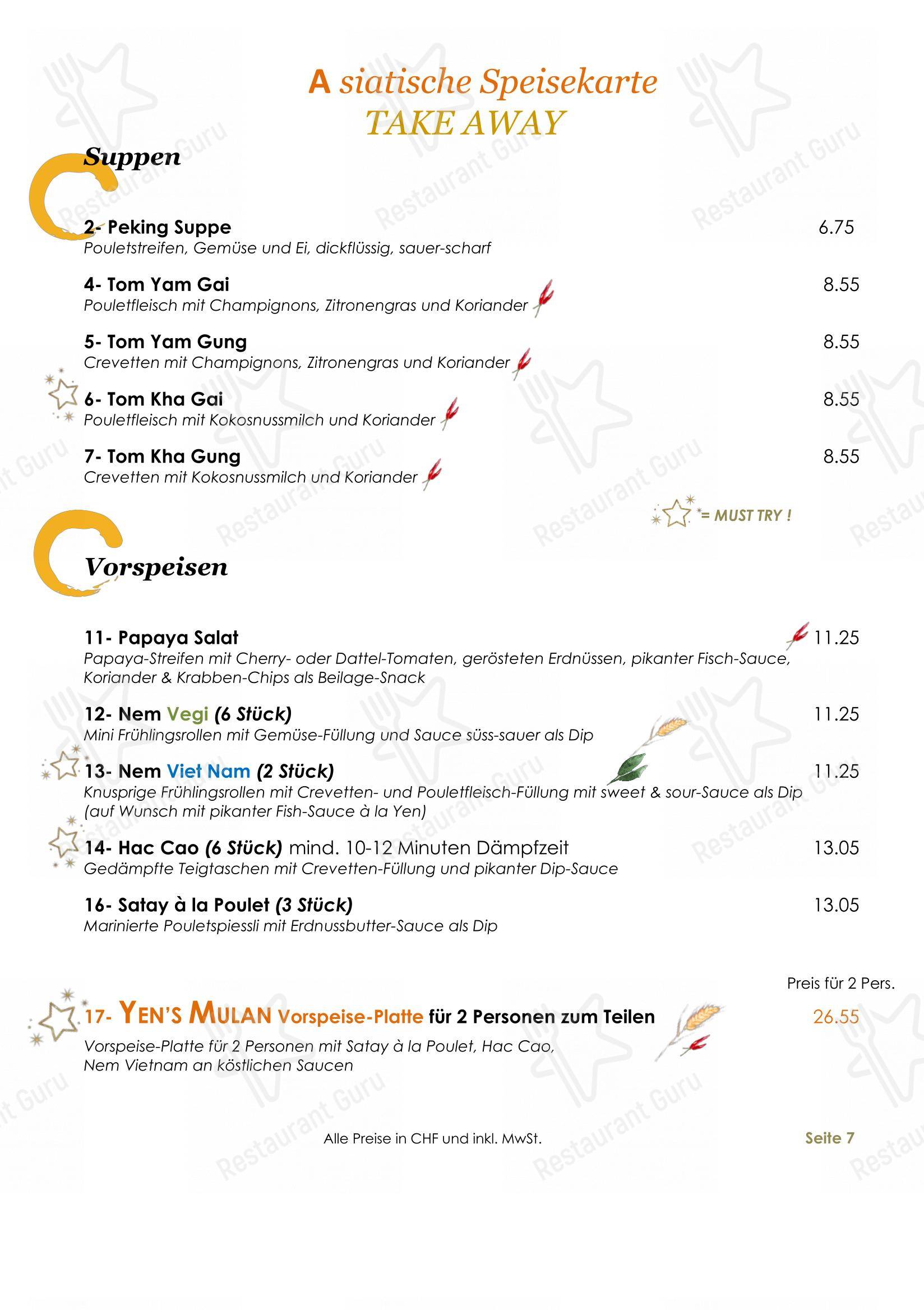 Menu per YEN'S Restaurant in Zurigo