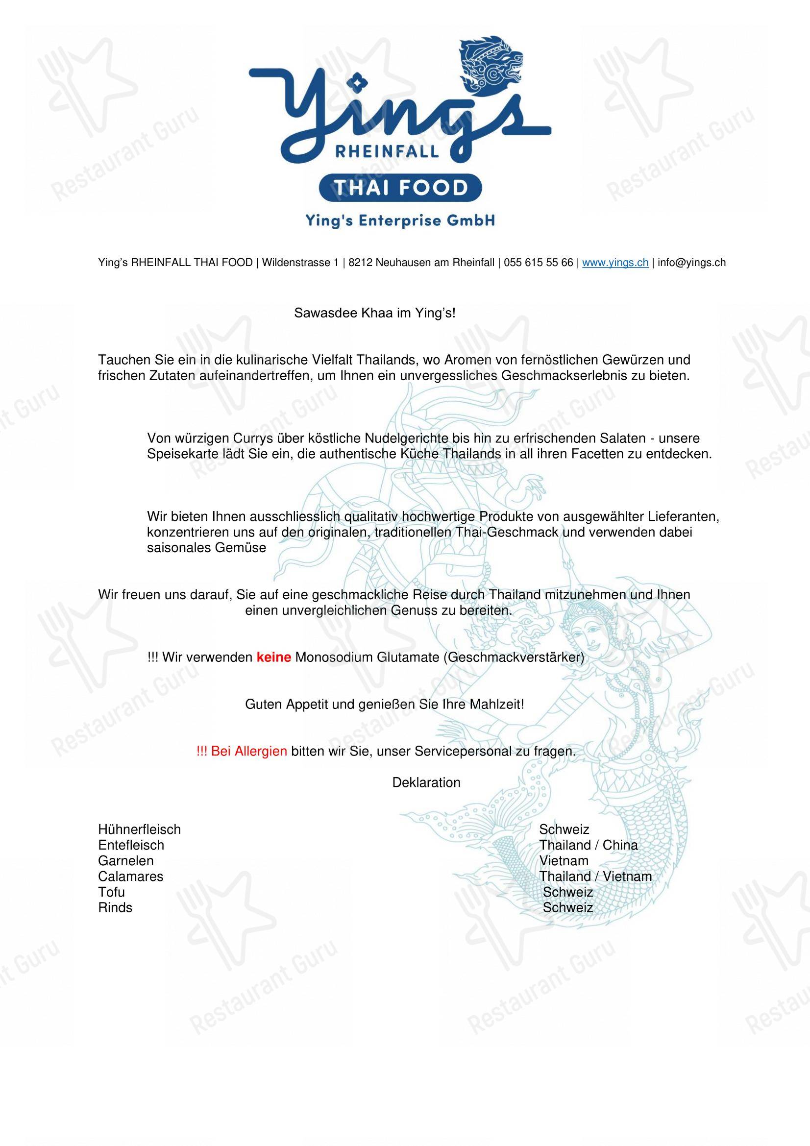 Ying’s RHEINFALL THAI FOOD in Neuhausen am Rheinfall - Основное меню